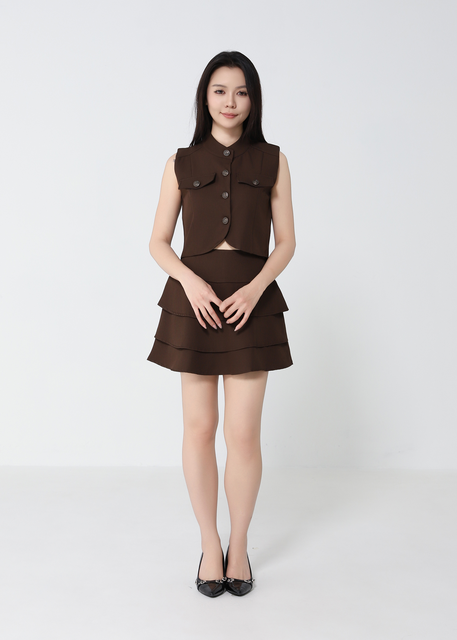 Sleeveless Front Button Top With Layered Skirt Pants Set 52462