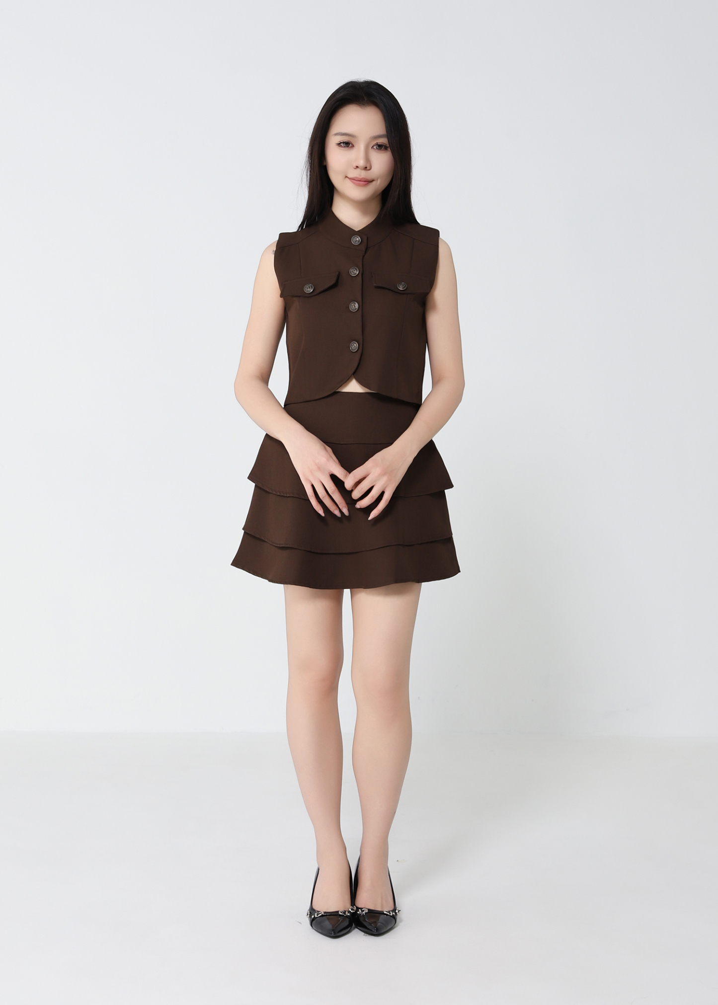 Sleeveless Front Button Top With Layered Skirt Pants Set 52462
