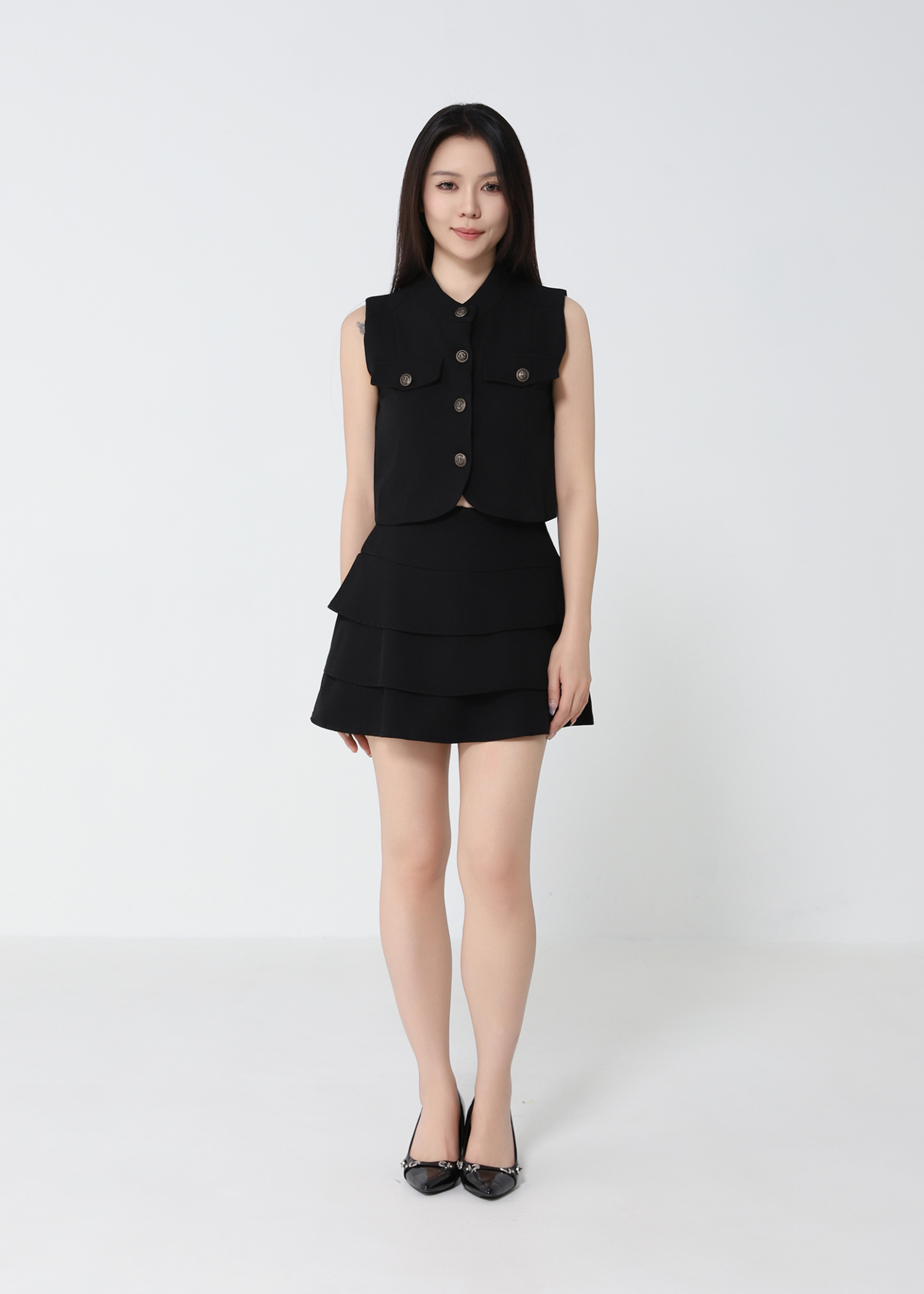 Sleeveless Front Button Top With Layered Skirt Pants Set 52462