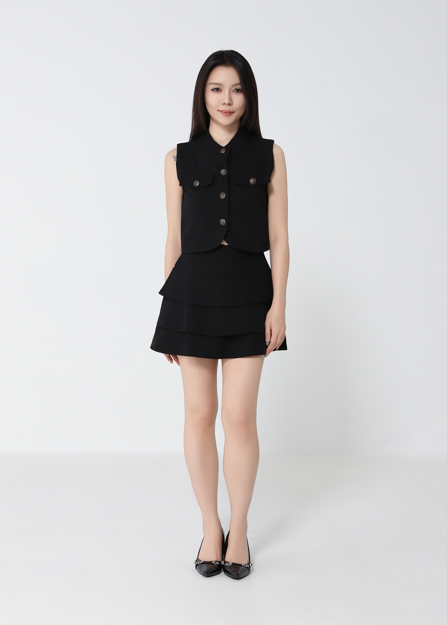 Sleeveless Front Button Top With Layered Skirt Pants Set 52462