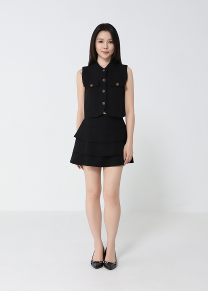 Sleeveless Front Button Top With Layered Skirt Pants Set 52462