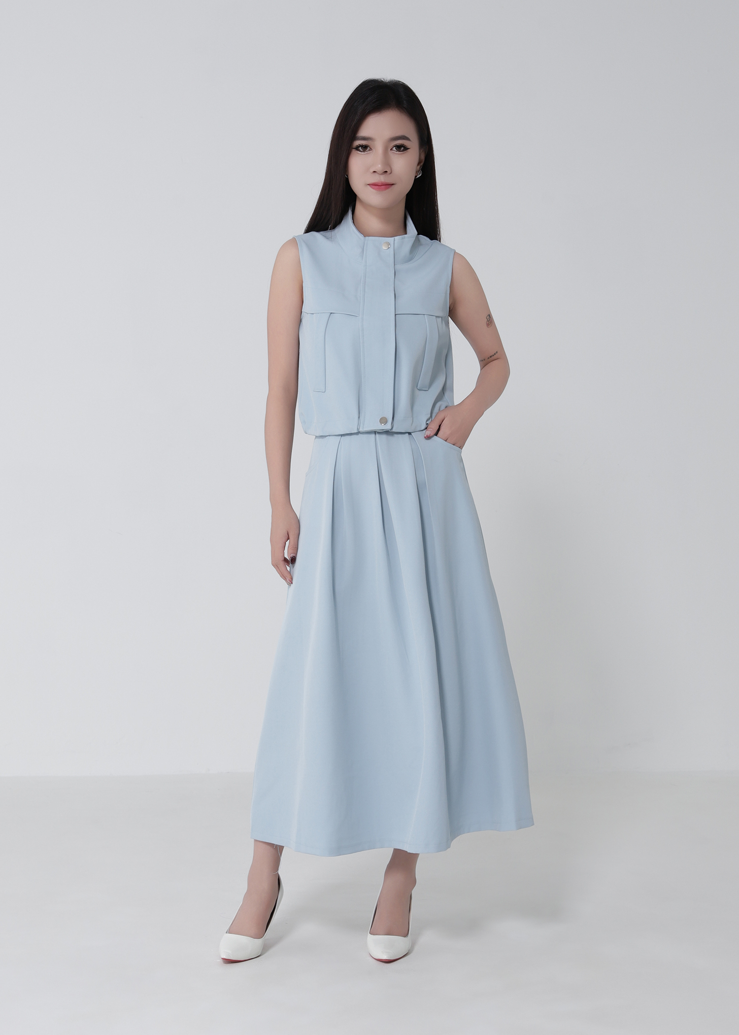 Sleeveless Waist Drawstring Top With Pleated Skirt Set 52750