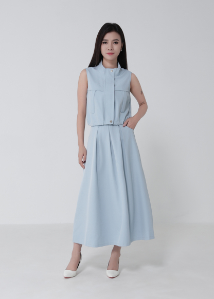 Sleeveless Waist Drawstring Top With Pleated Skirt Set 52750