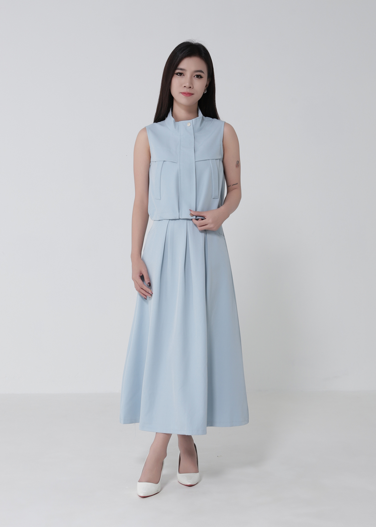 Sleeveless Waist Drawstring Top With Pleated Skirt Set 52750
