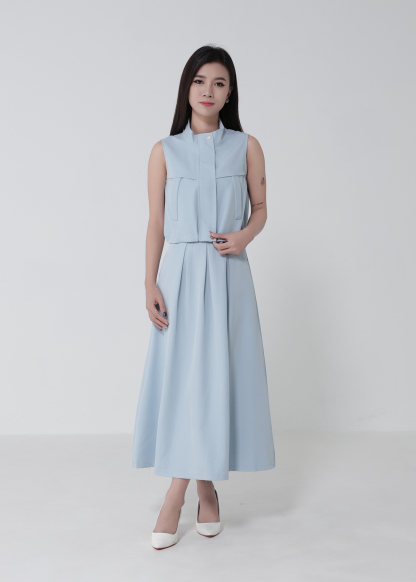 Sleeveless Waist Drawstring Top With Pleated Skirt Set 52750
