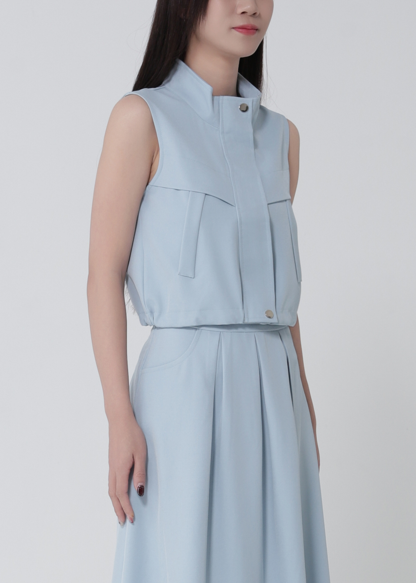 Sleeveless Waist Drawstring Top With Pleated Skirt Set 52750