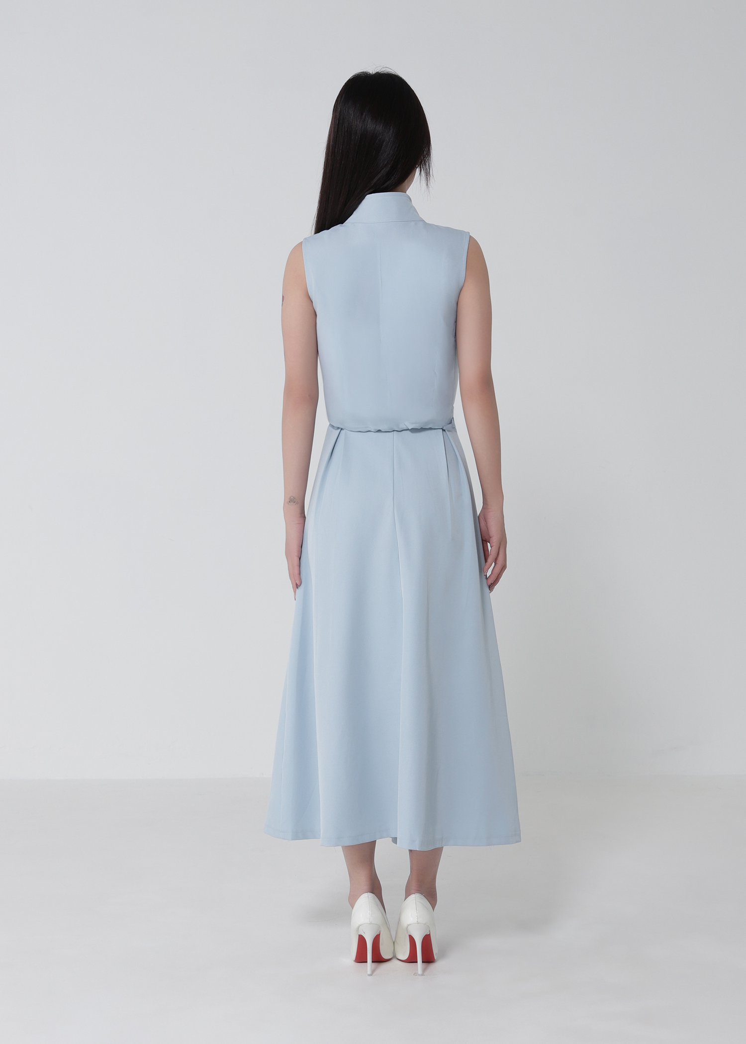 Sleeveless Waist Drawstring Top With Pleated Skirt Set 52750