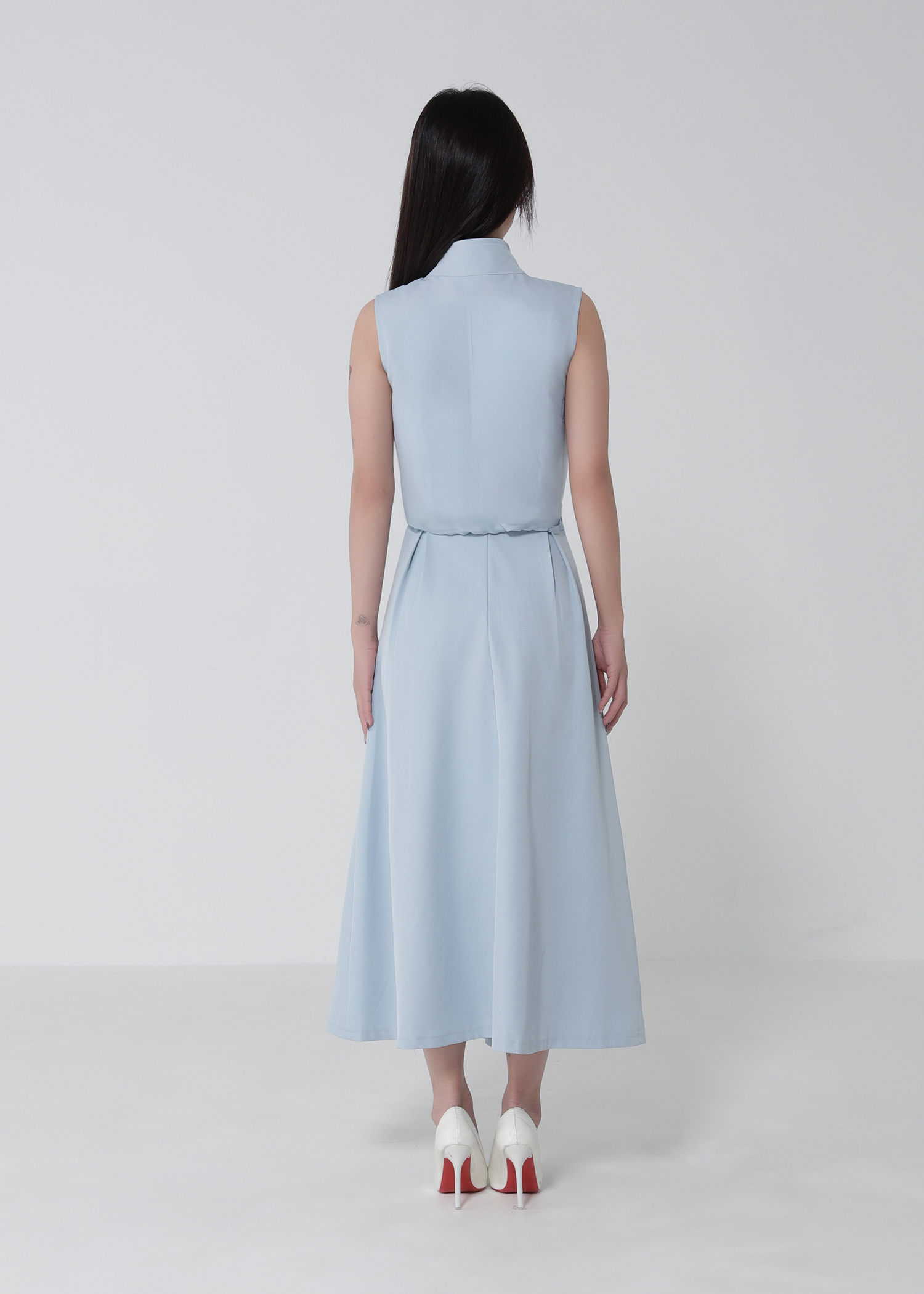 Sleeveless Waist Drawstring Top With Pleated Skirt Set 52750