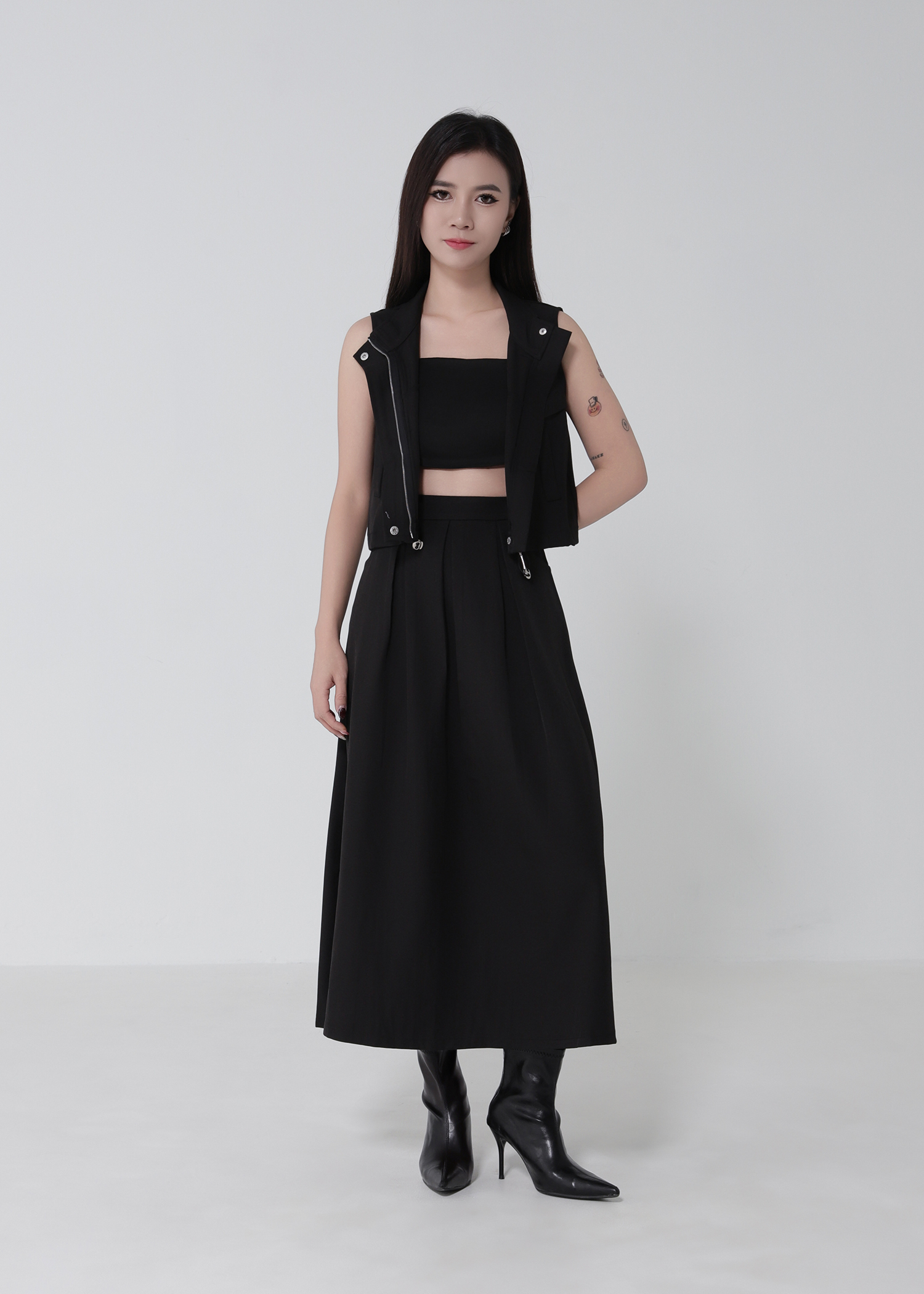 Sleeveless Waist Drawstring Top With Pleated Skirt Set 52750