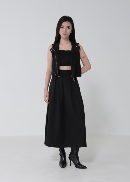 Sleeveless Waist Drawstring Top With Pleated Skirt Set 52750