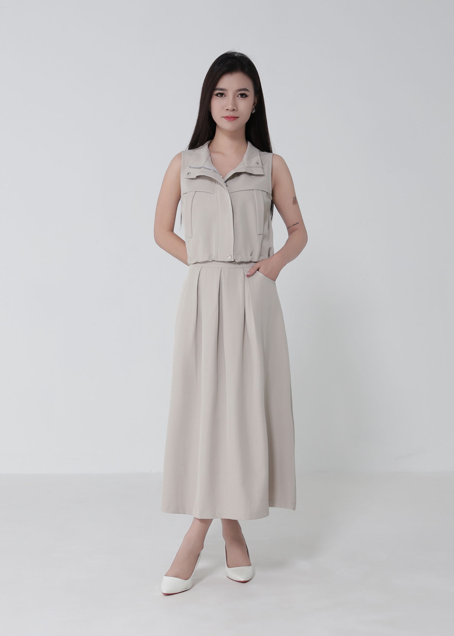 Sleeveless Waist Drawstring Top With Pleated Skirt Set 52750