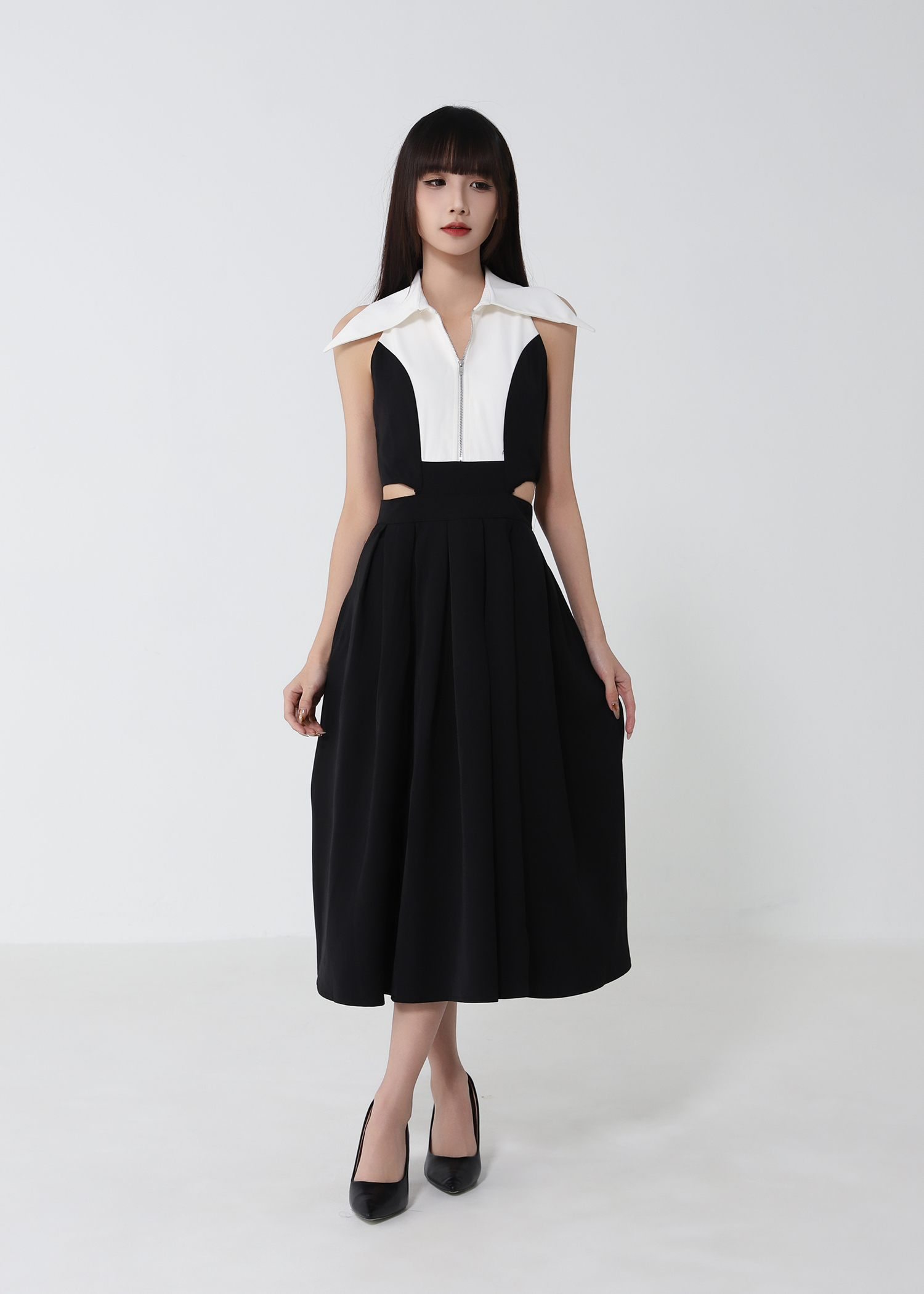 Sleeveless Front Zip Waist Hole Dress 52783