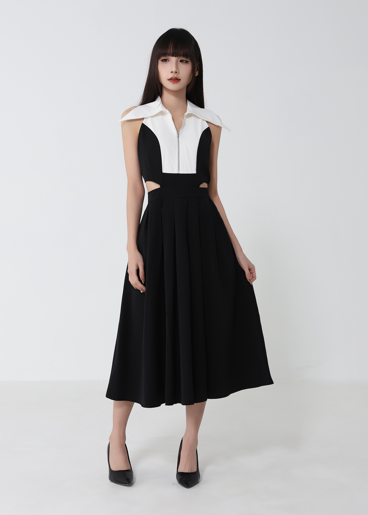 Sleeveless Front Zip Waist Hole Dress 52783