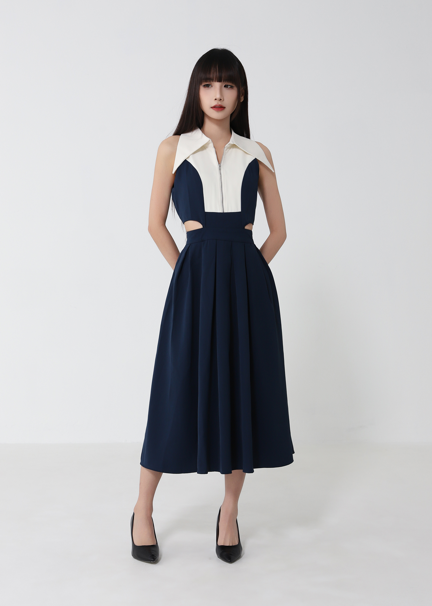 Sleeveless Front Zip Waist Hole Dress 52783