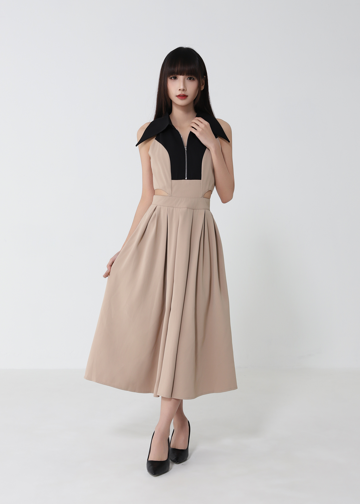 Sleeveless Front Zip Waist Hole Dress 52783