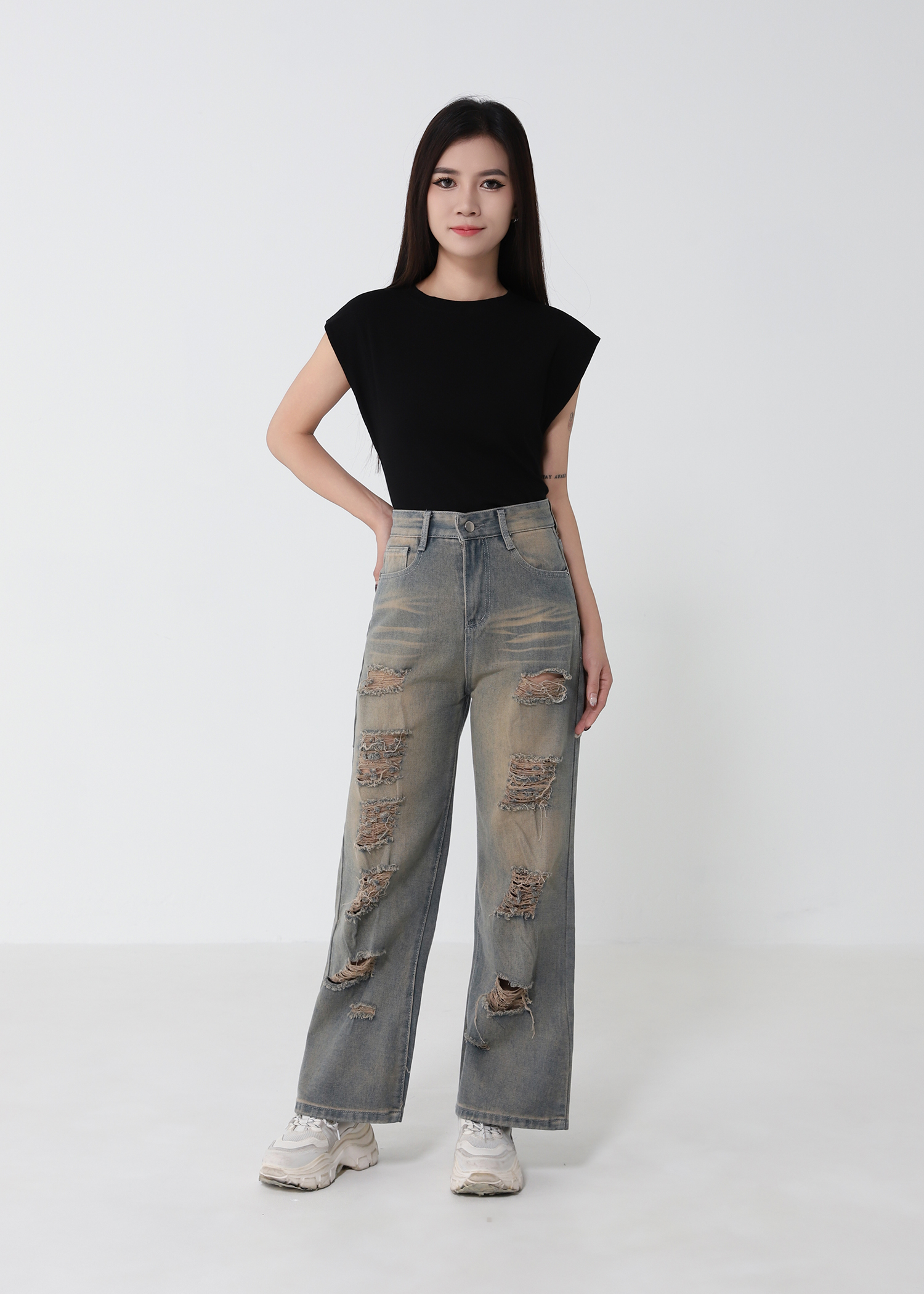 Denim High Waist Side Pocket Long Pant 52923
