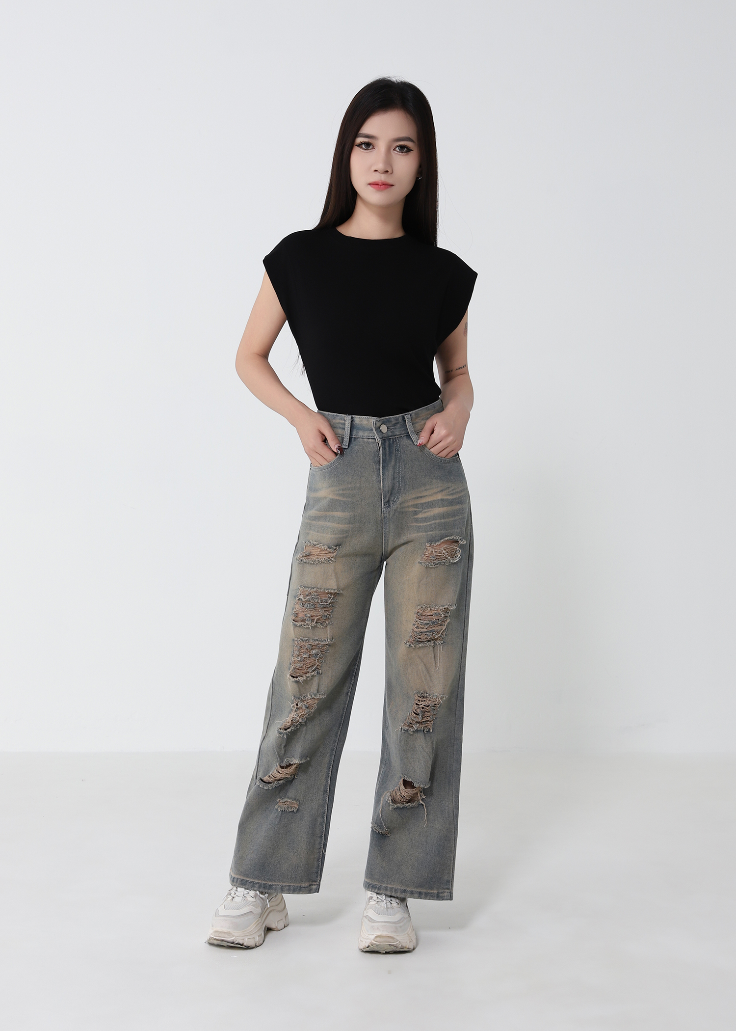 Denim High Waist Side Pocket Long Pant 52923