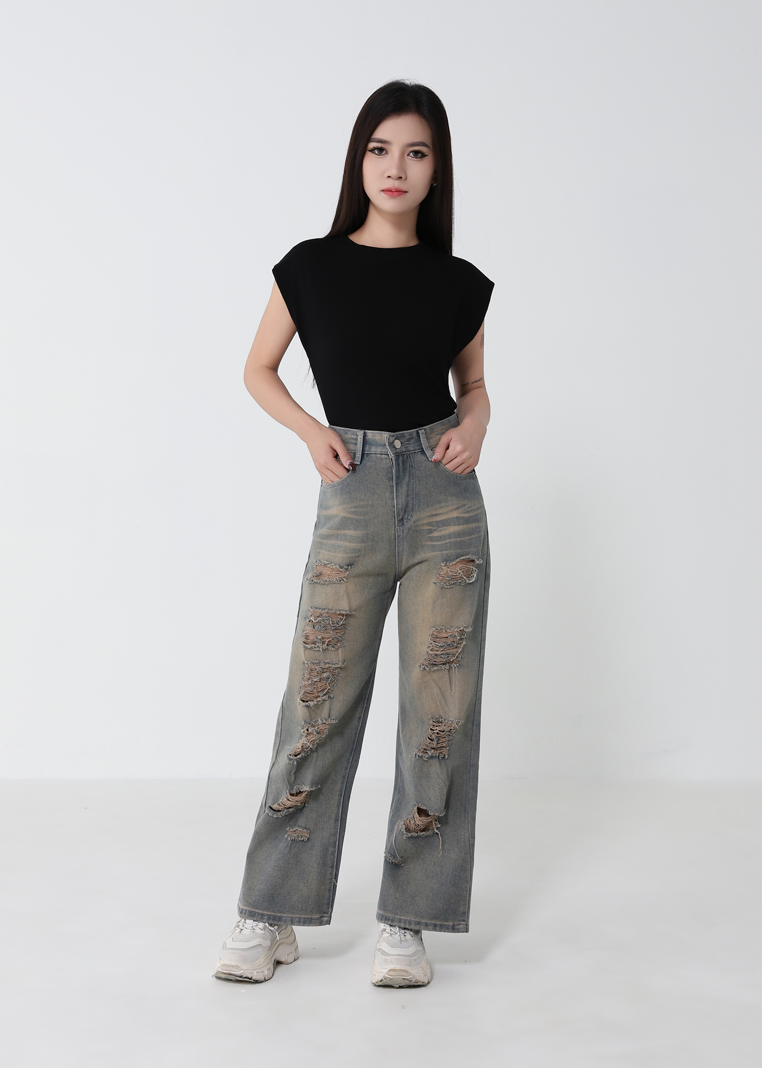 Denim High Waist Side Pocket Long Pant 52923
