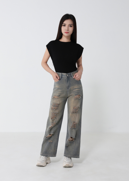 Denim High Waist Side Pocket Long Pant 52923
