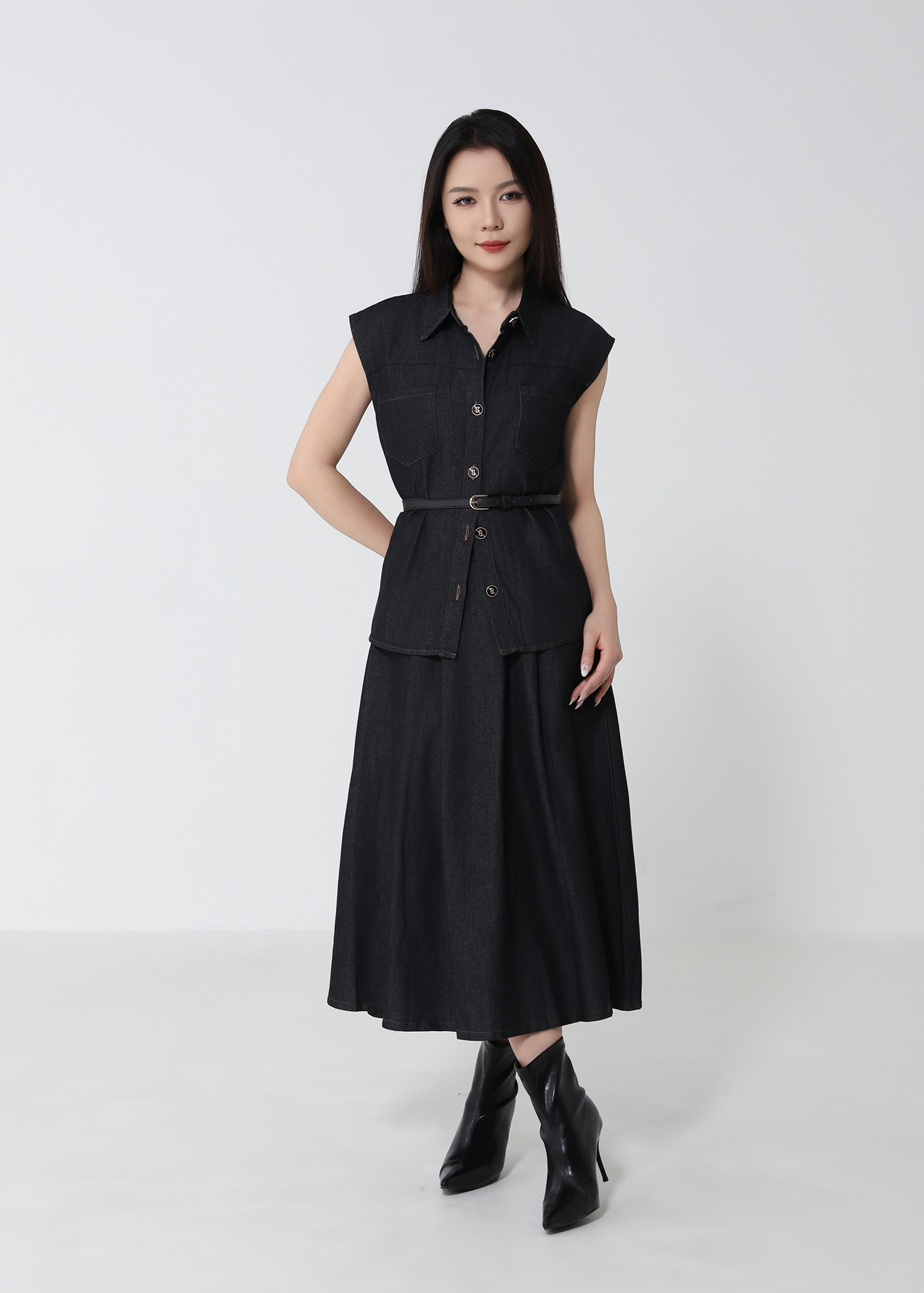 Denim Top With A Line Skirt Set 53051