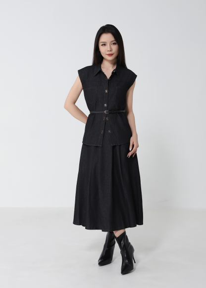 Denim Top With A Line Skirt Set 53051