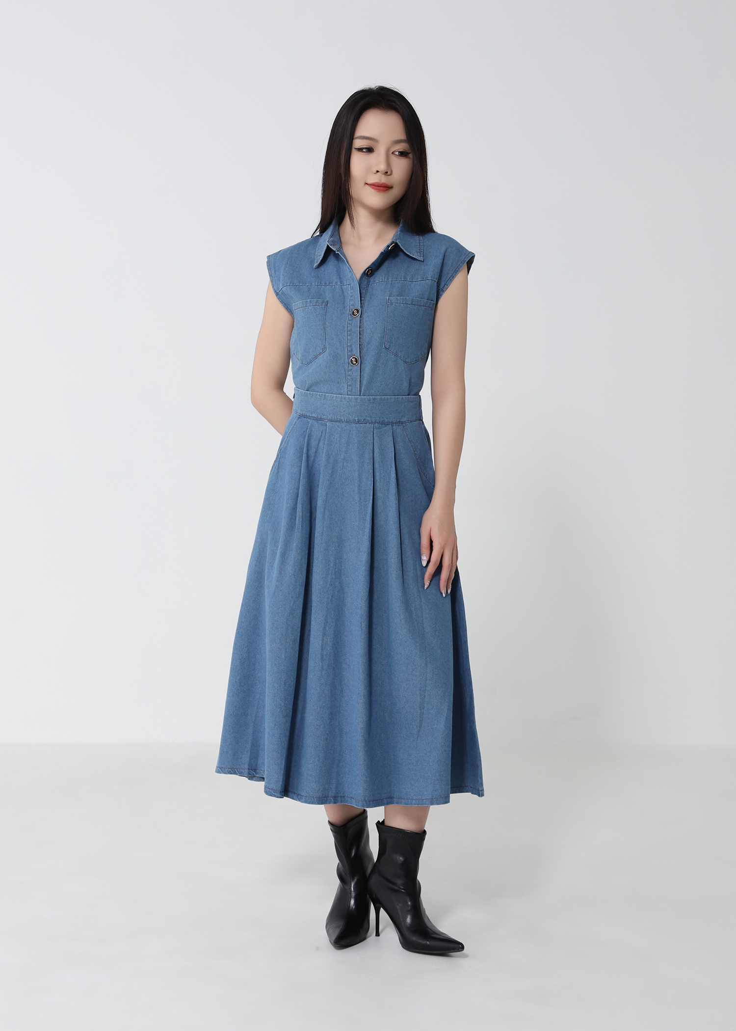 Denim Top With A Line Skirt Set 53051