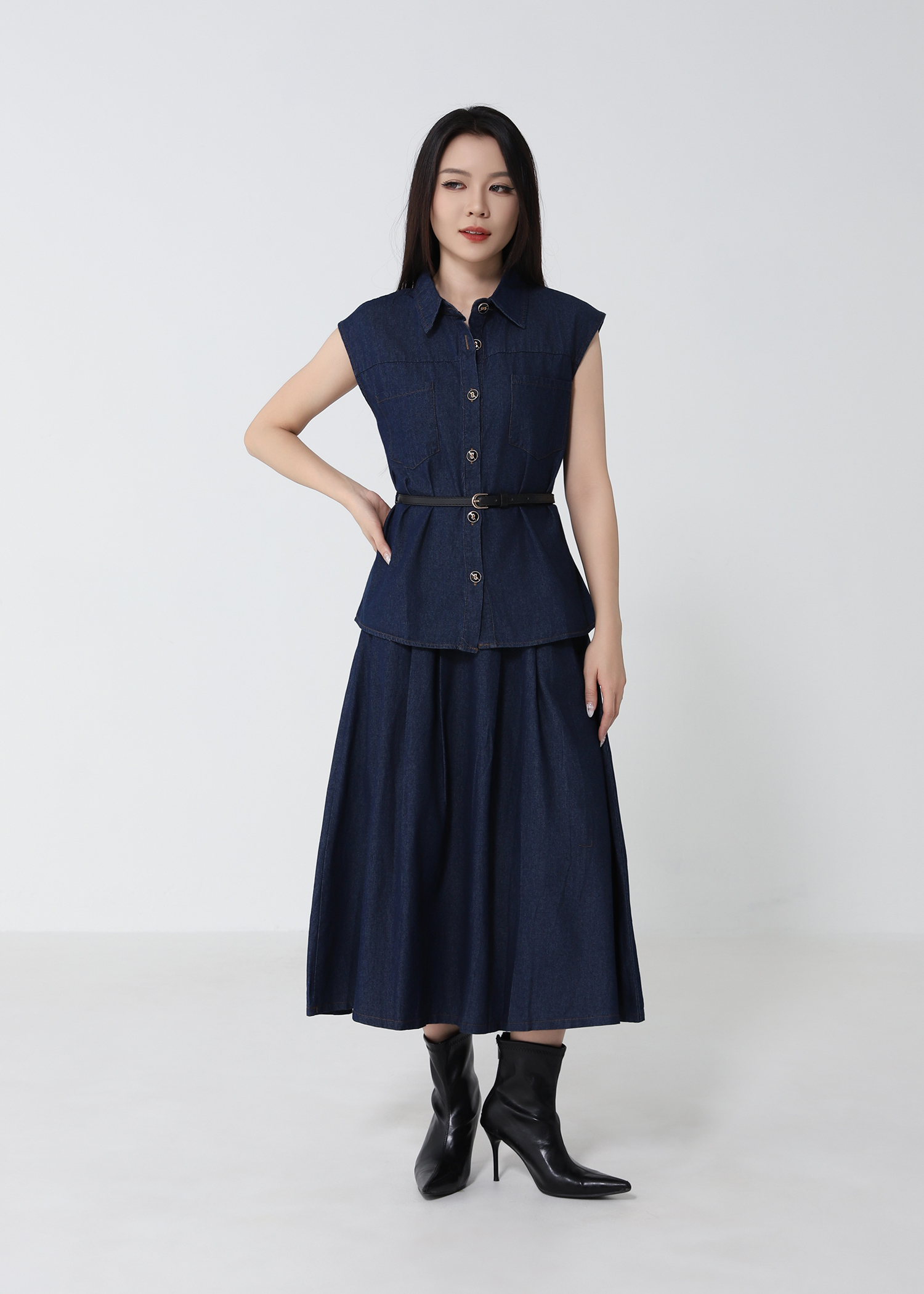 Denim Top With A Line Skirt Set 53051