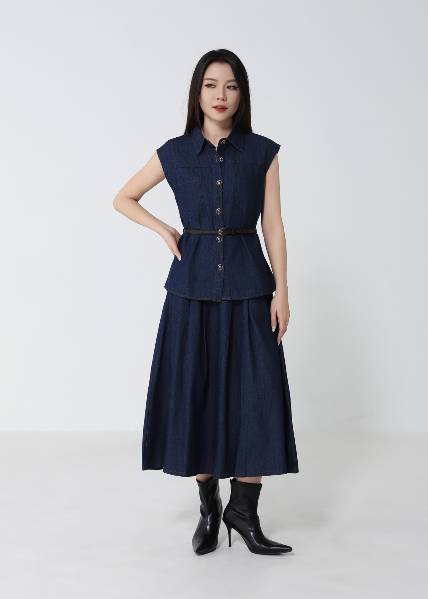 Denim Top With A Line Skirt Set 53051