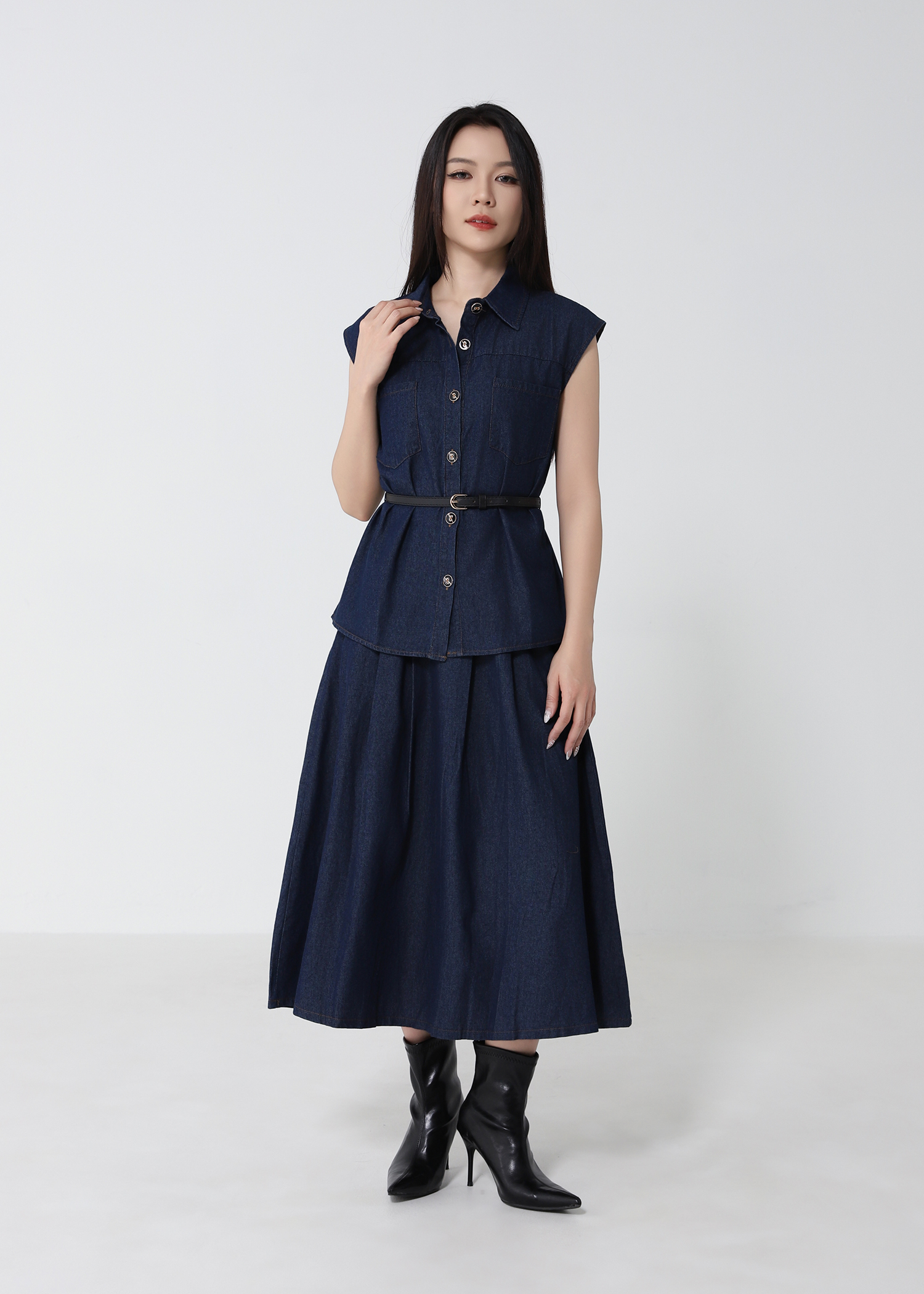 Denim Top With A Line Skirt Set 53051