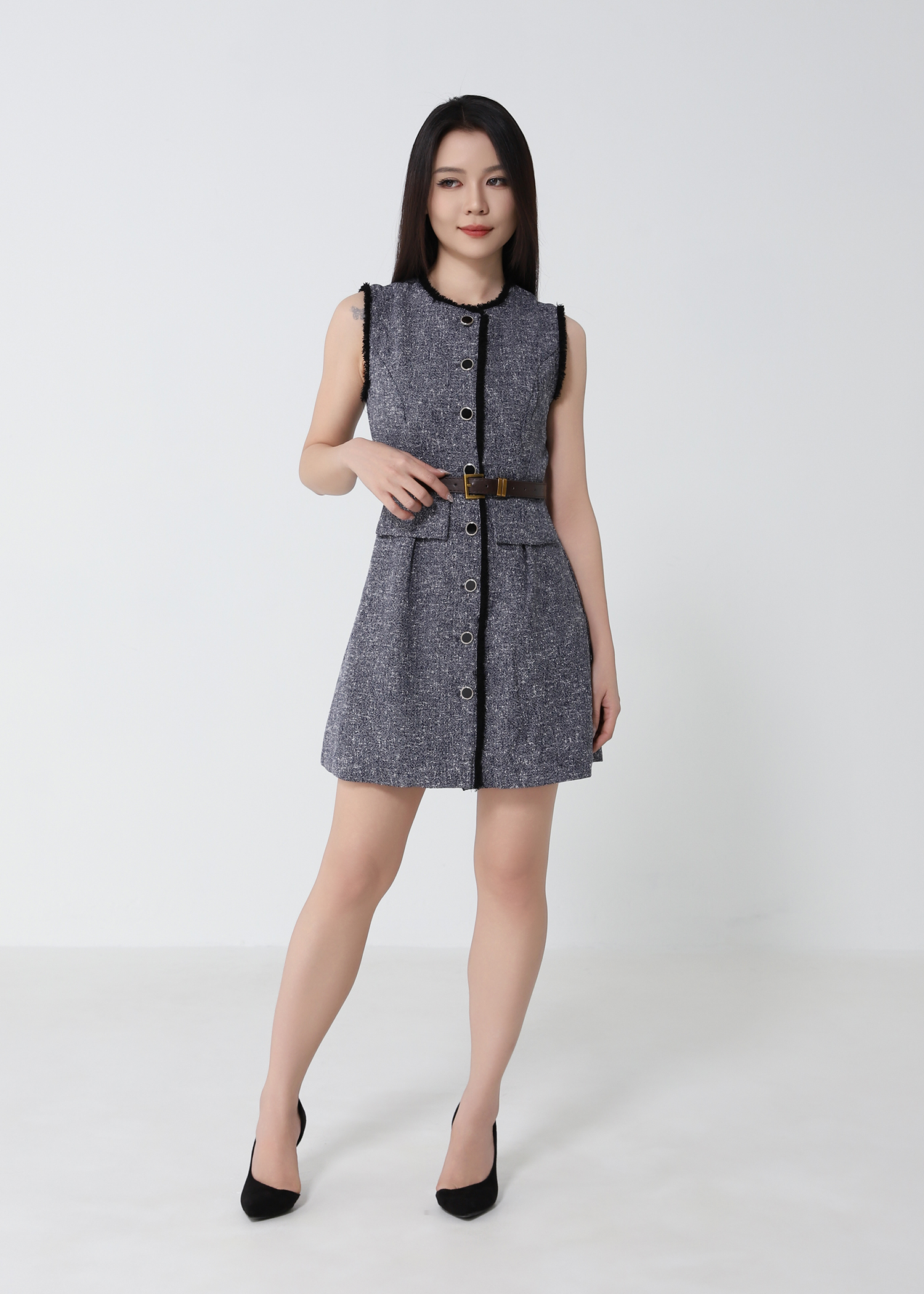 Tweed Sleeveless With Belt Dress 53099