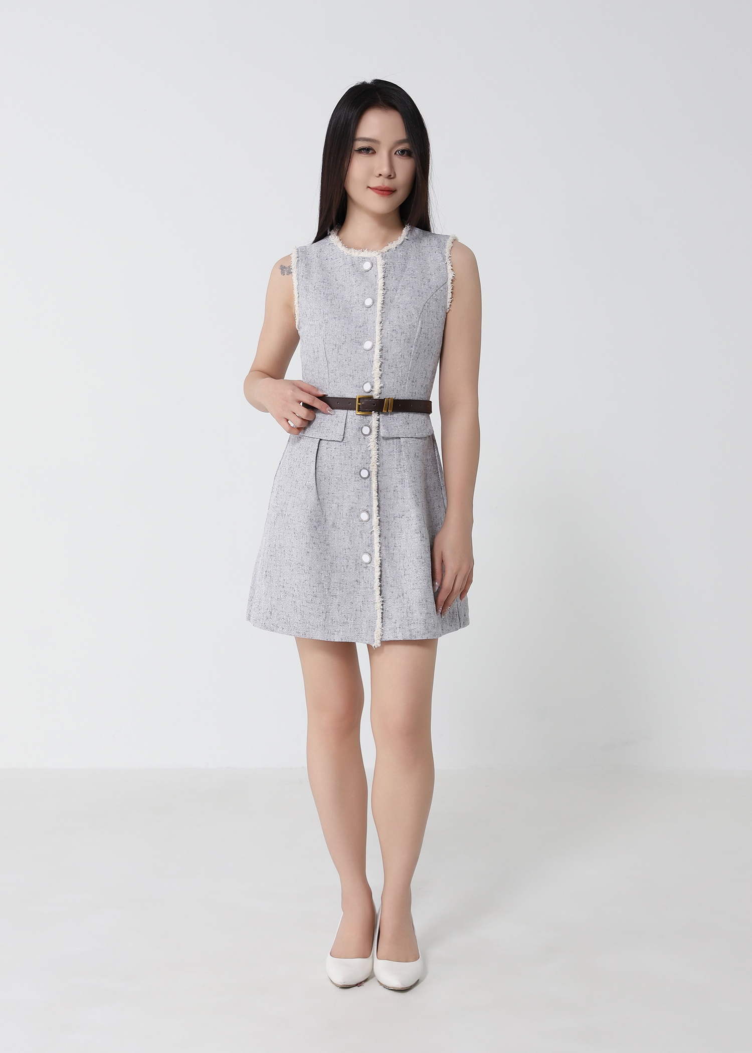 Tweed Sleeveless With Belt Dress 53099