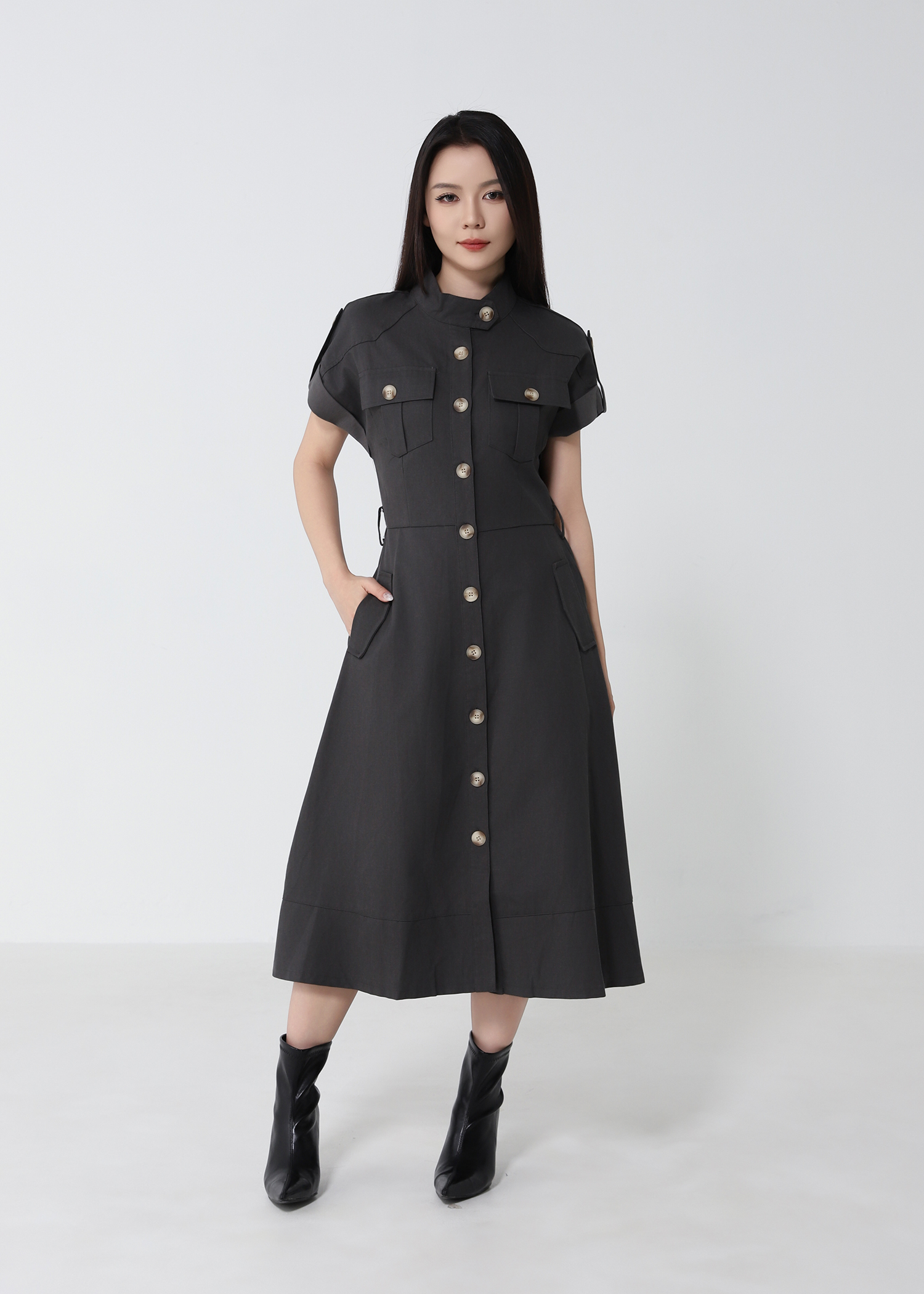 Casual Short Sleeve Front Button Dress 53125