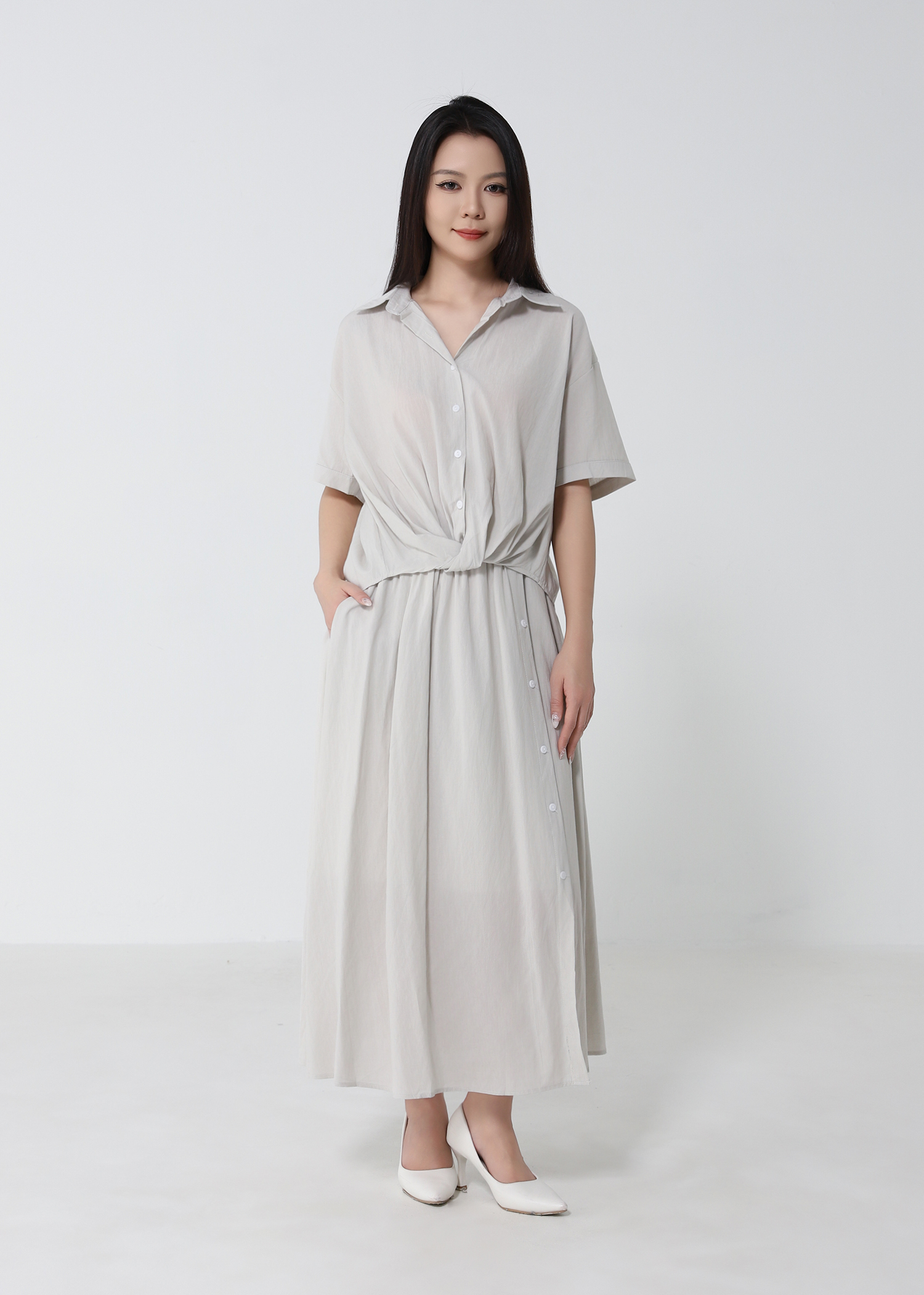 Short Sleeve Top With A Line Skirt Set 53150