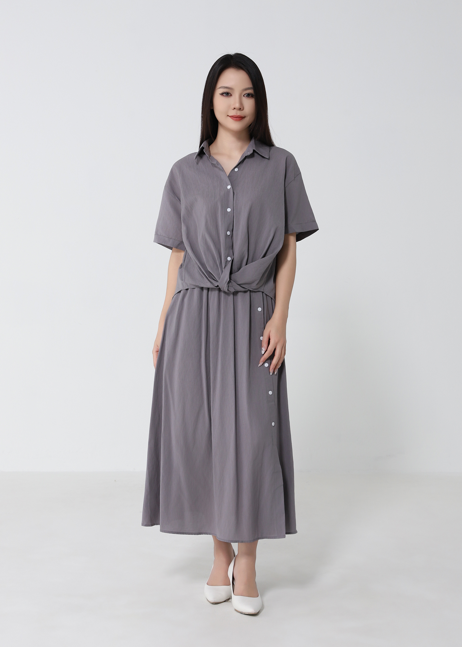 Short Sleeve Top With A Line Skirt Set 53150