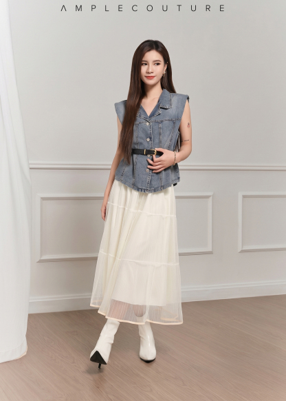 Denim Top With Net Skirt Set DJ159
