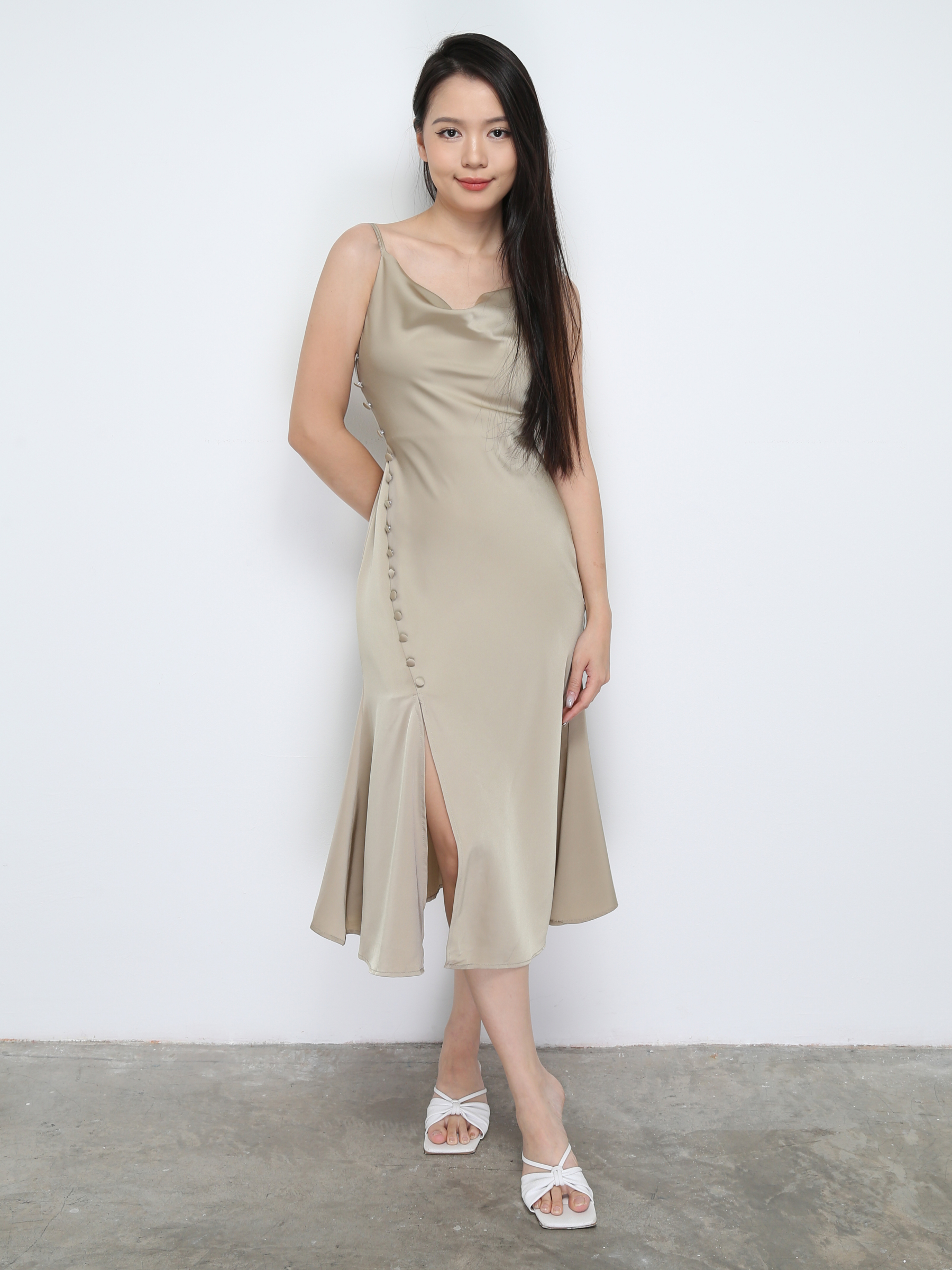 Side Decorative Button With Split Dress 28825