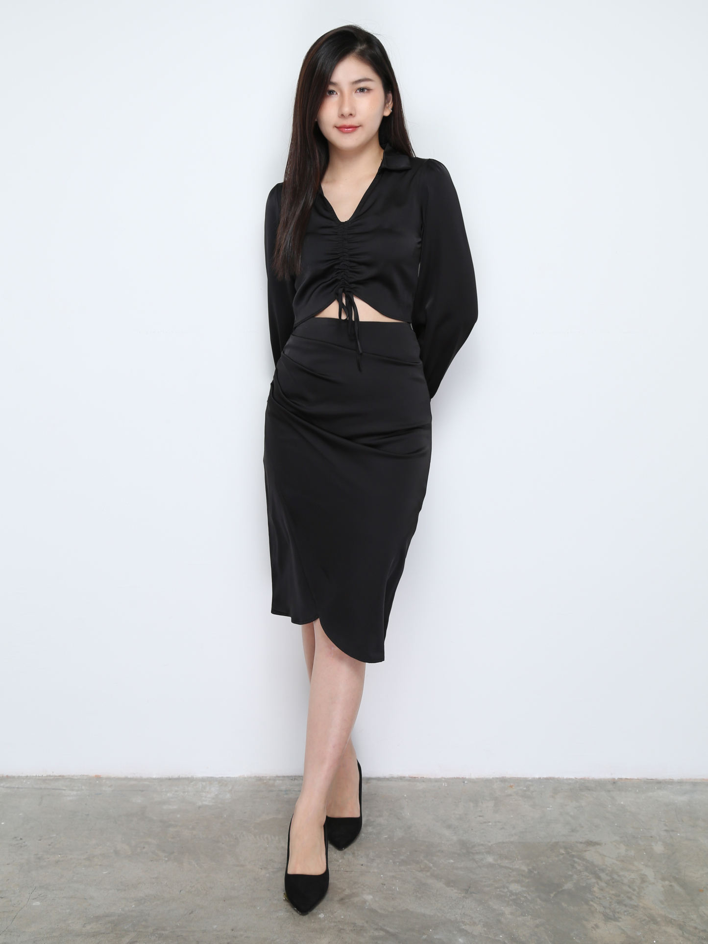 Satin Front Drawstring Top With Skirt Set 28829