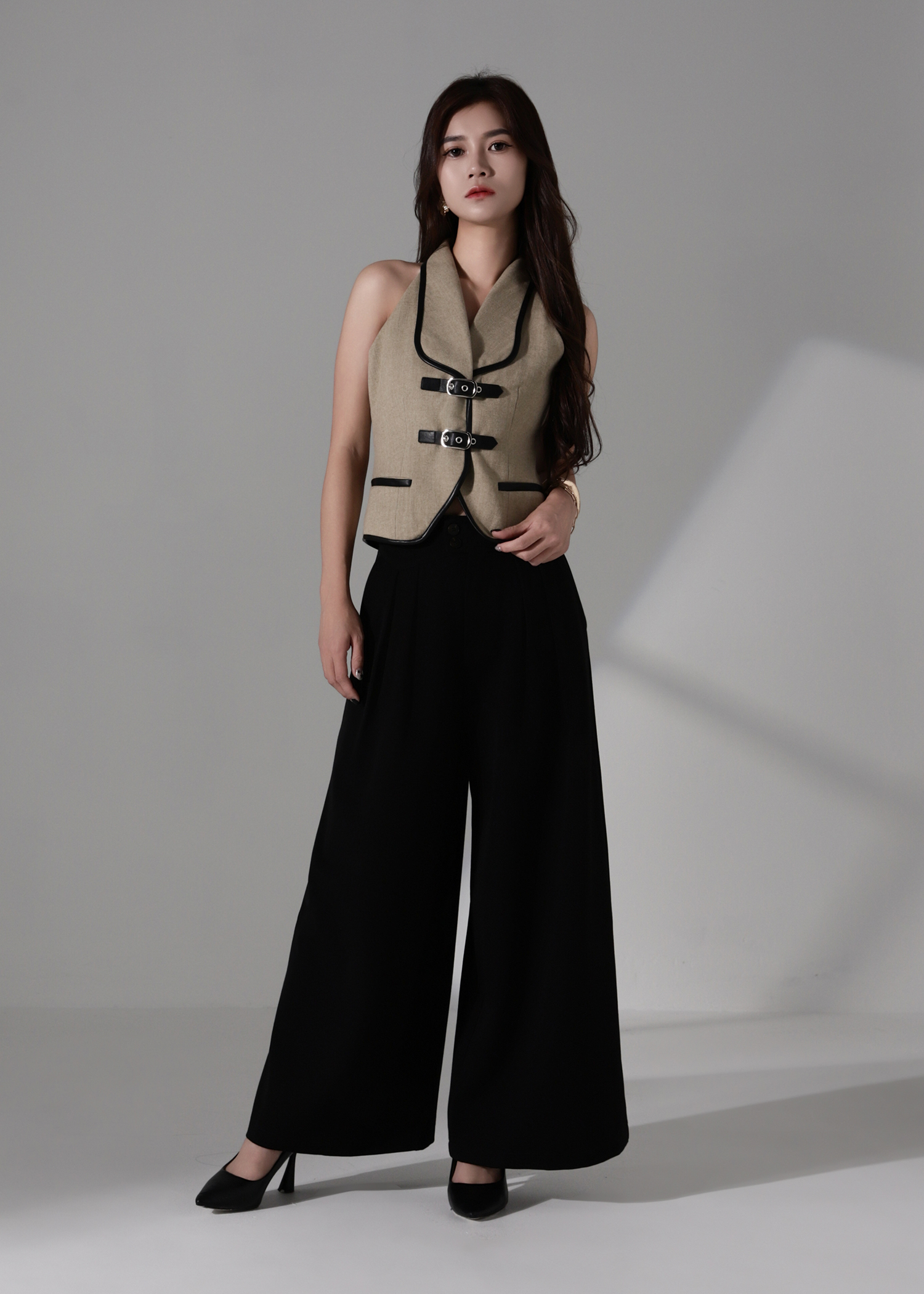 Front Button Pleated Wide Leg Long Pant AC188