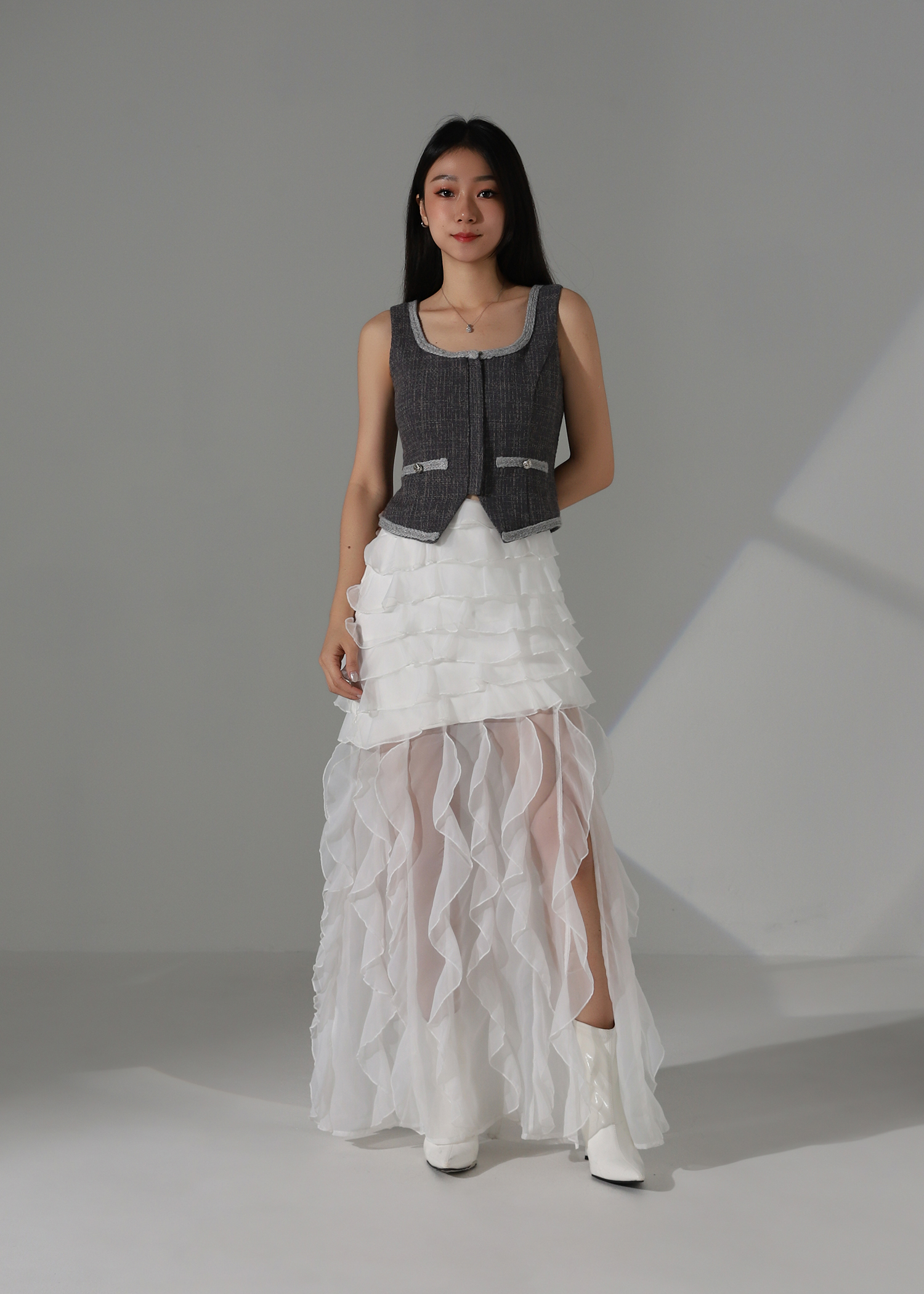 Chanel-Style Tweed Crop Vest Top AC196