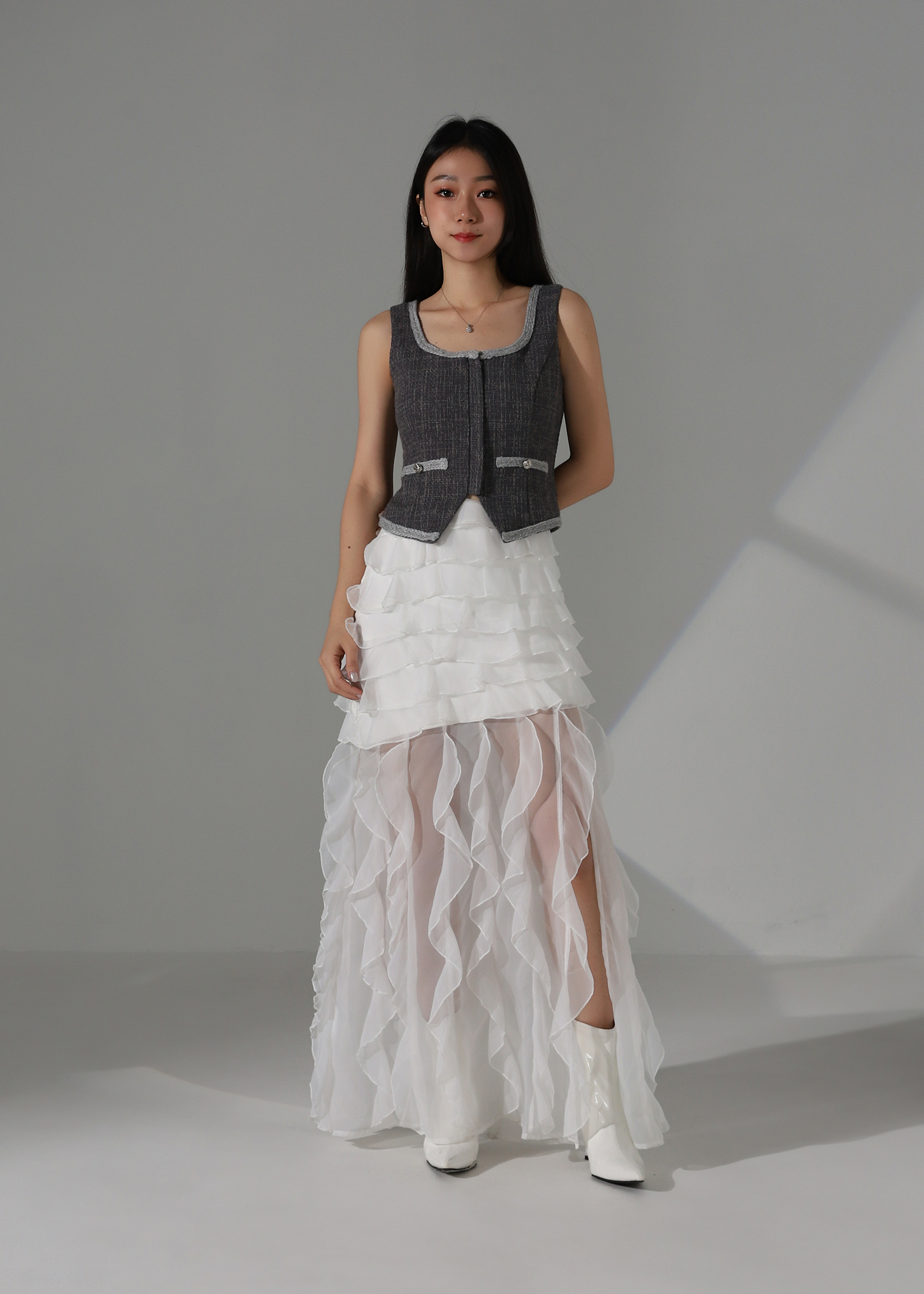 Chanel-Style Tweed Crop Vest Top AC196