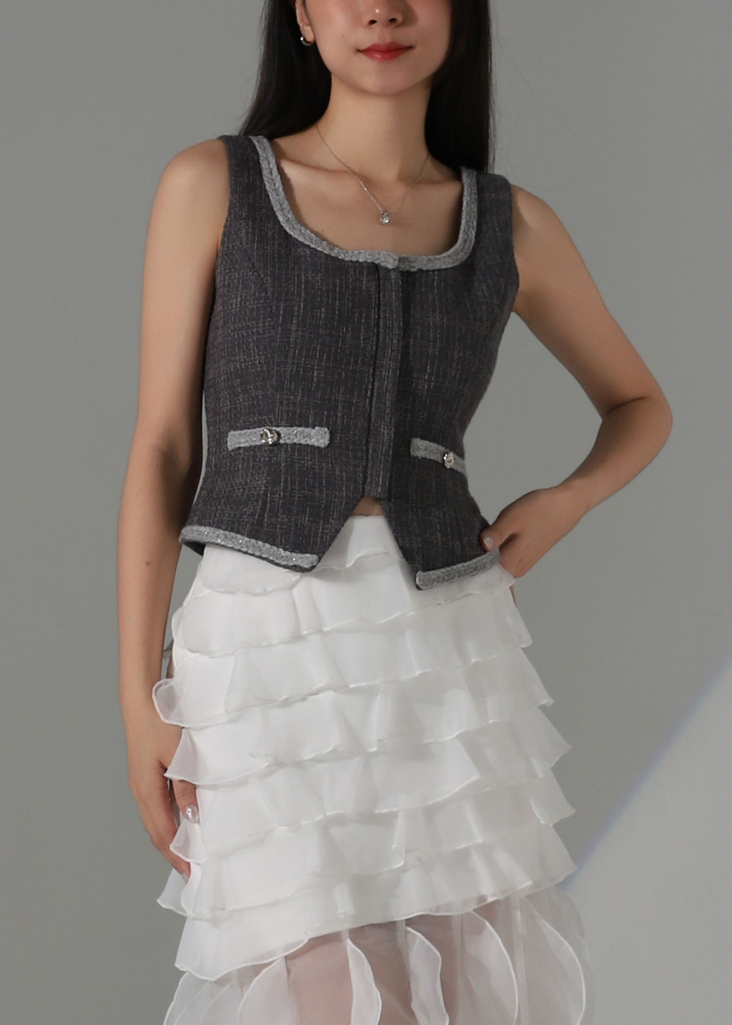 Chanel-Style Tweed Crop Vest Top AC196