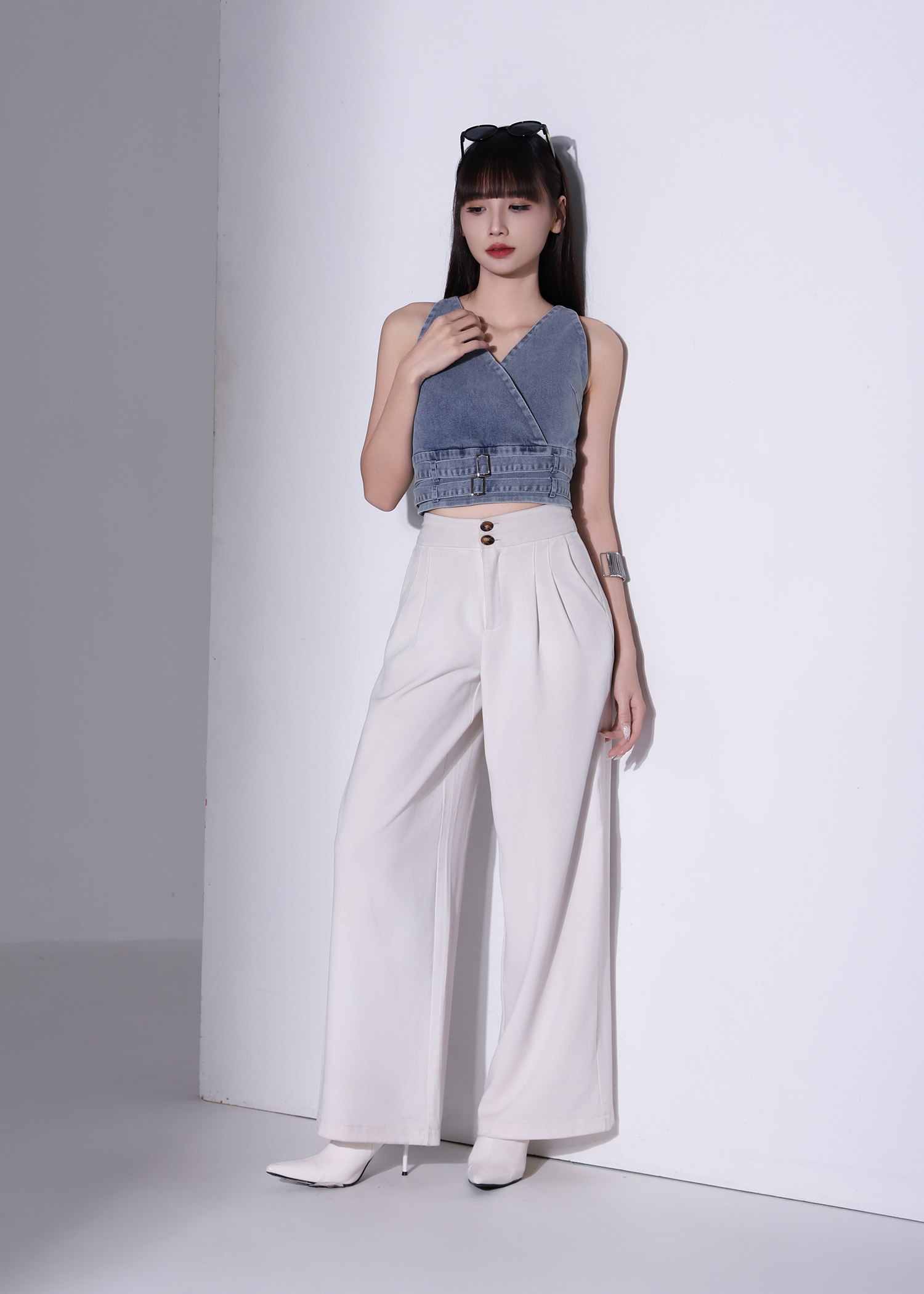 Denim Wrap Decorative Belt Top AC374