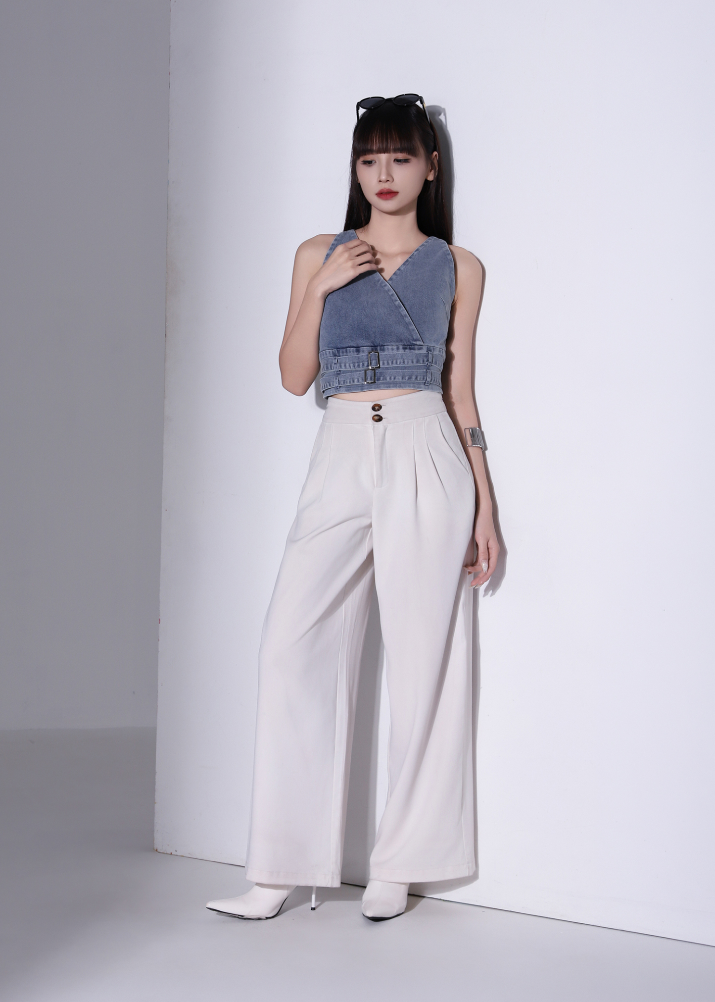 Denim Wrap Decorative Belt Top AC374