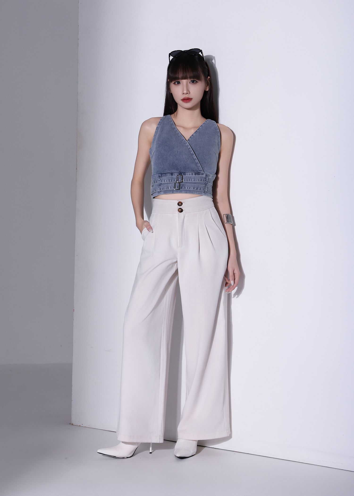 Denim Wrap Decorative Belt Top AC374