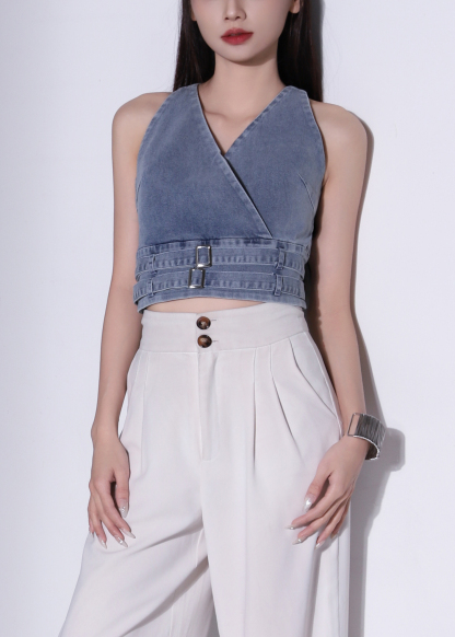 Denim Wrap Decorative Belt Top AC374