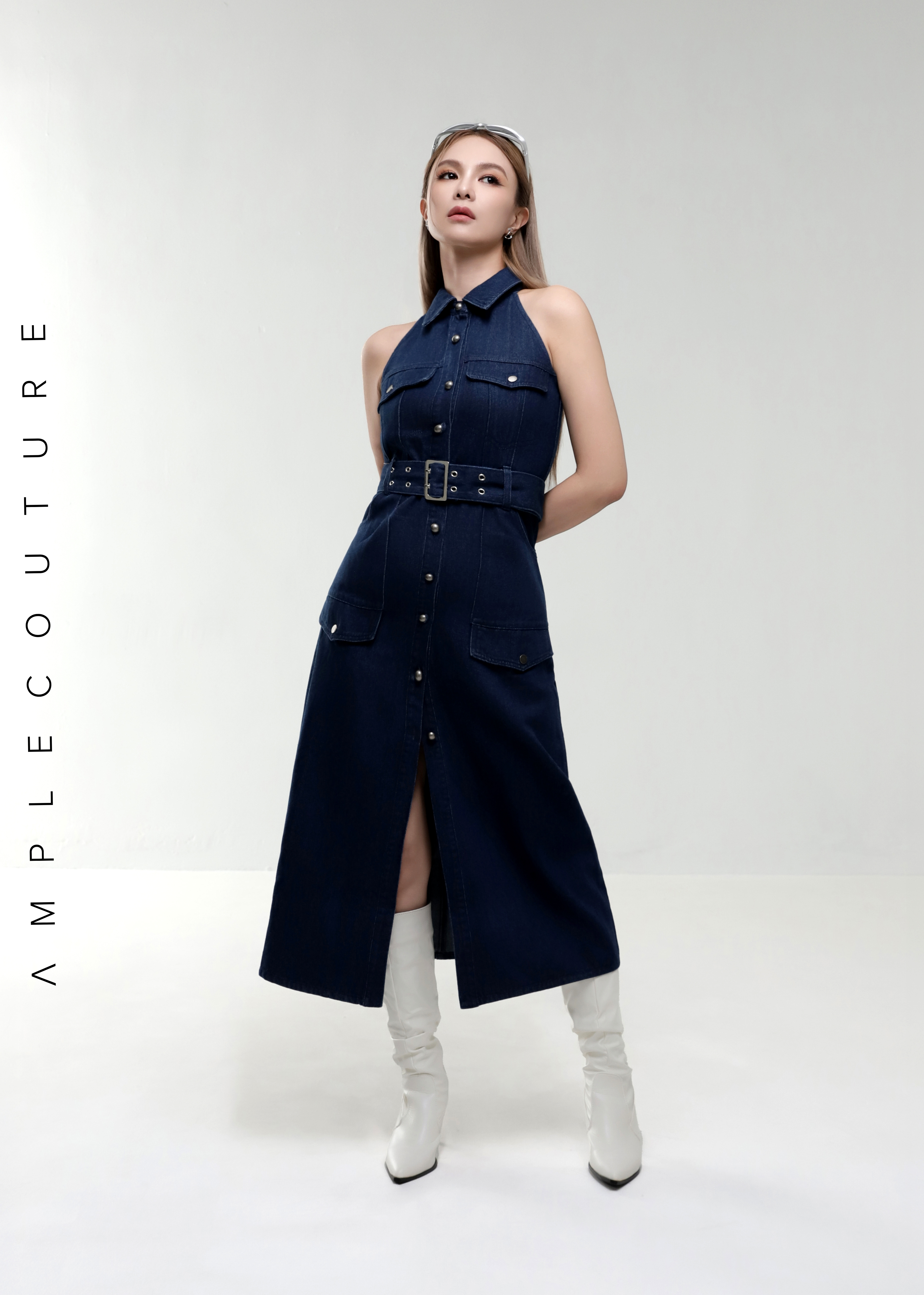 Denim Coller Sleeveless Front Button With Belt Dress AC376
