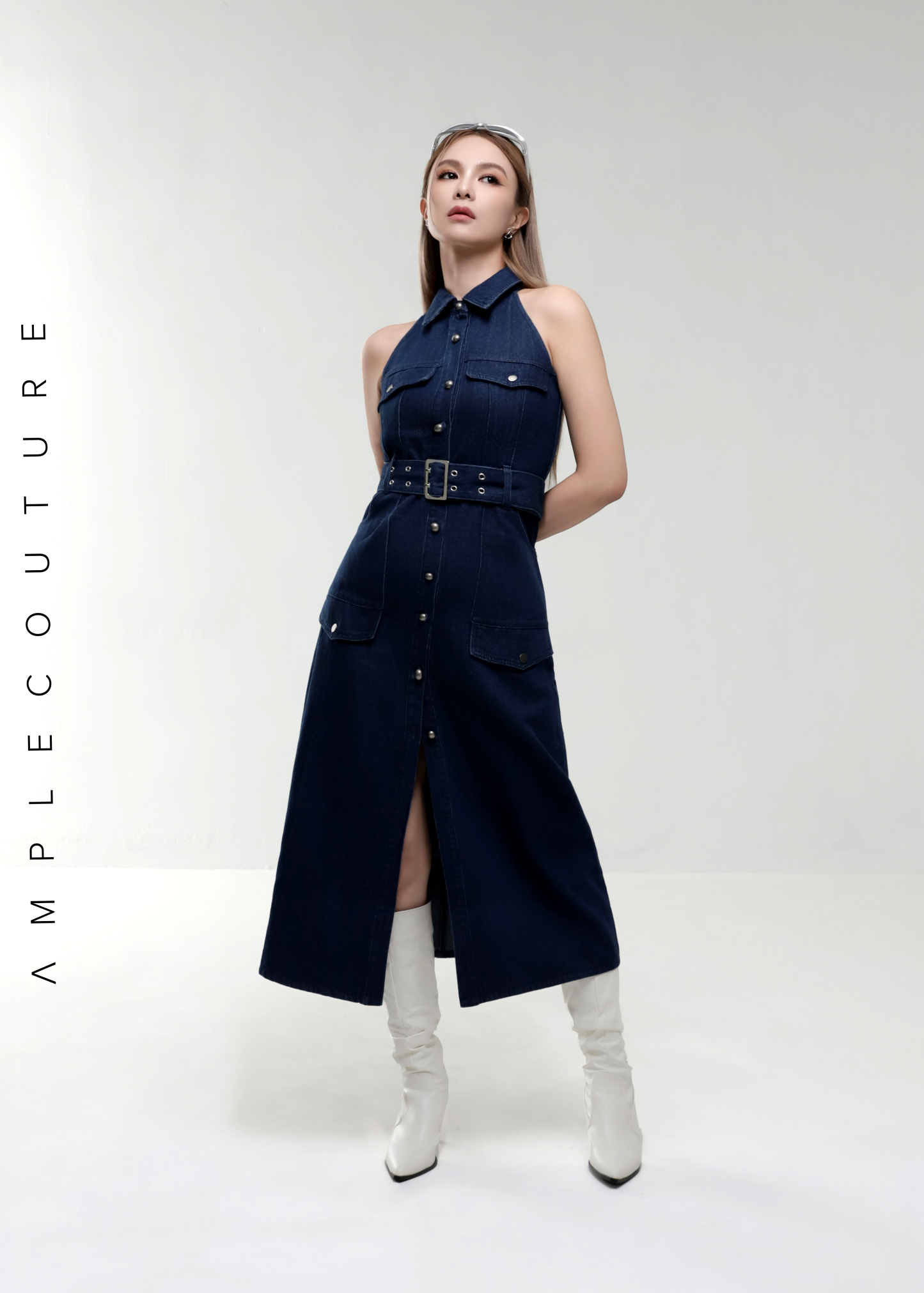 Denim Coller Sleeveless Front Button With Belt Dress AC376