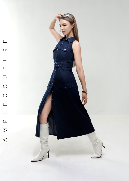 Denim Coller Sleeveless Front Button With Belt Dress AC376