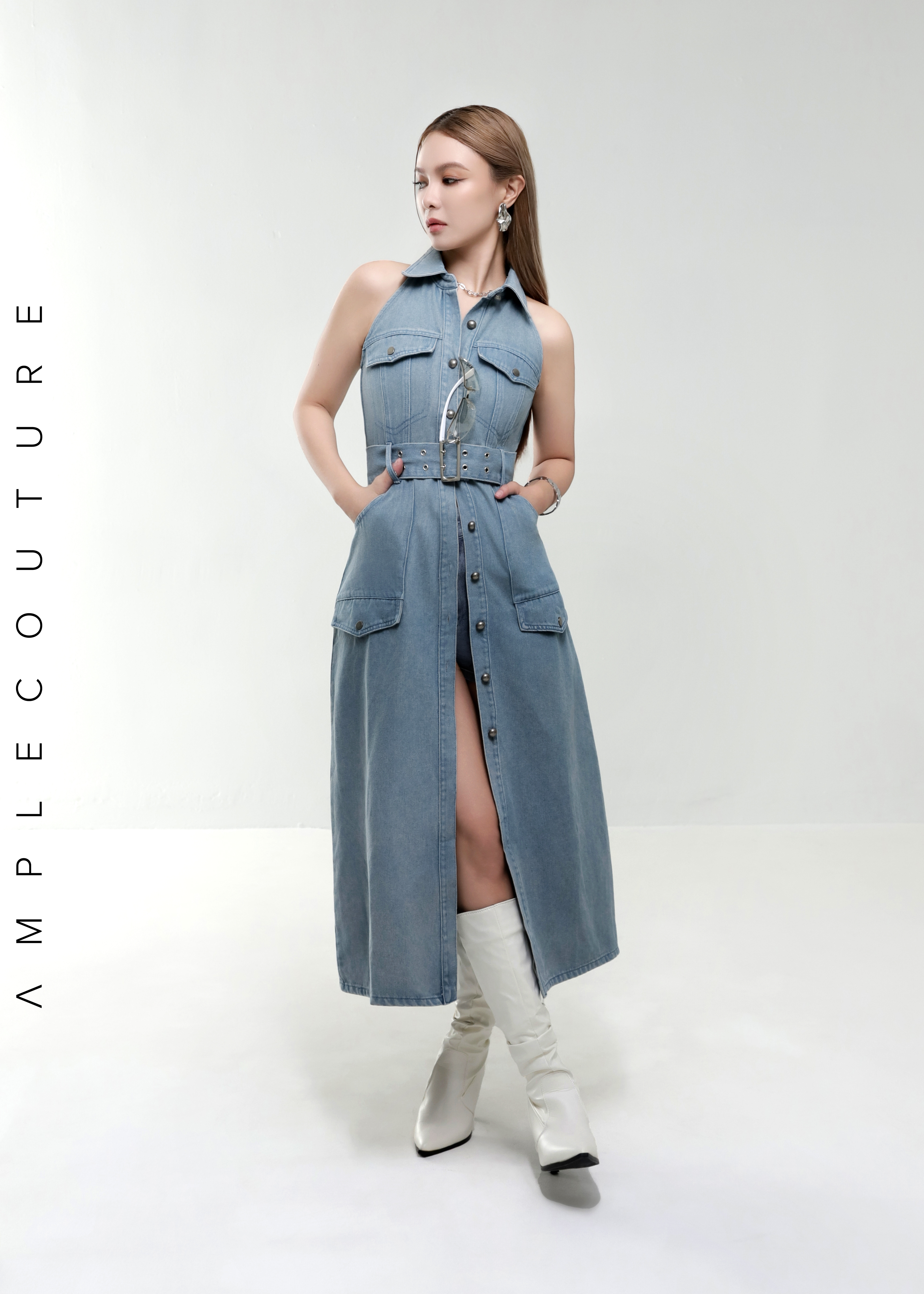 Denim Coller Sleeveless Front Button With Belt Dress AC376