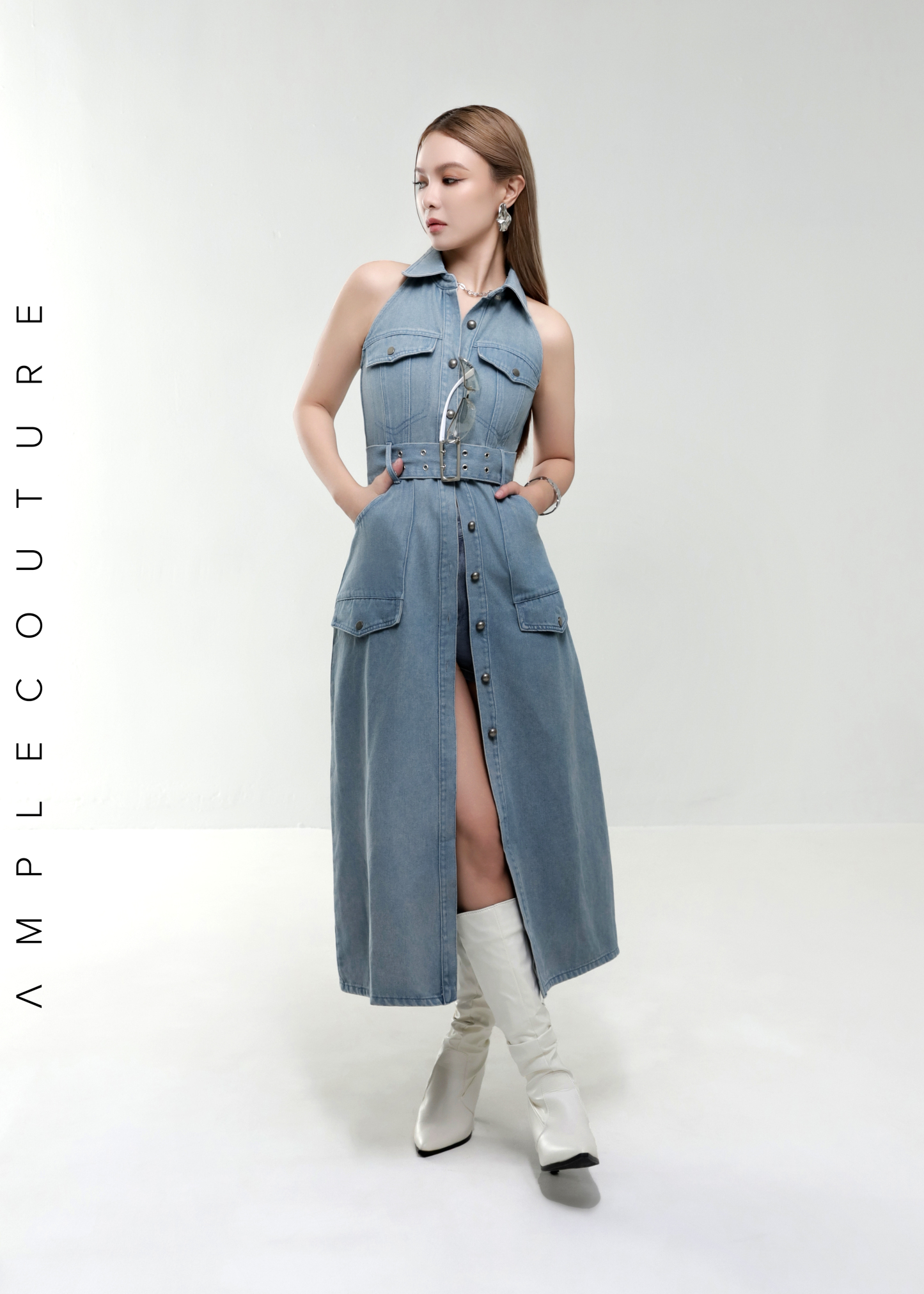Denim Coller Sleeveless Front Button With Belt Dress AC376